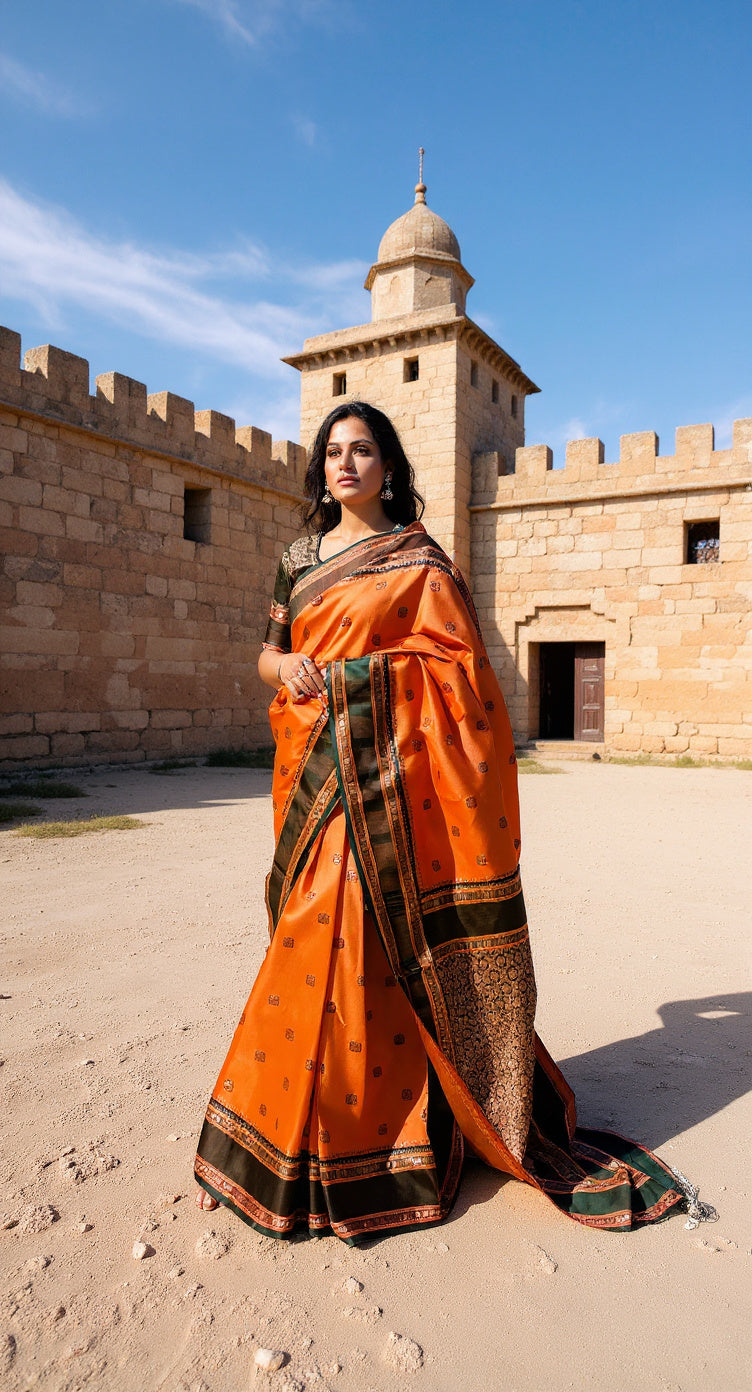 THE BANARASI SAREEIS MADE UP OF SILK THREADS WOVEN USING