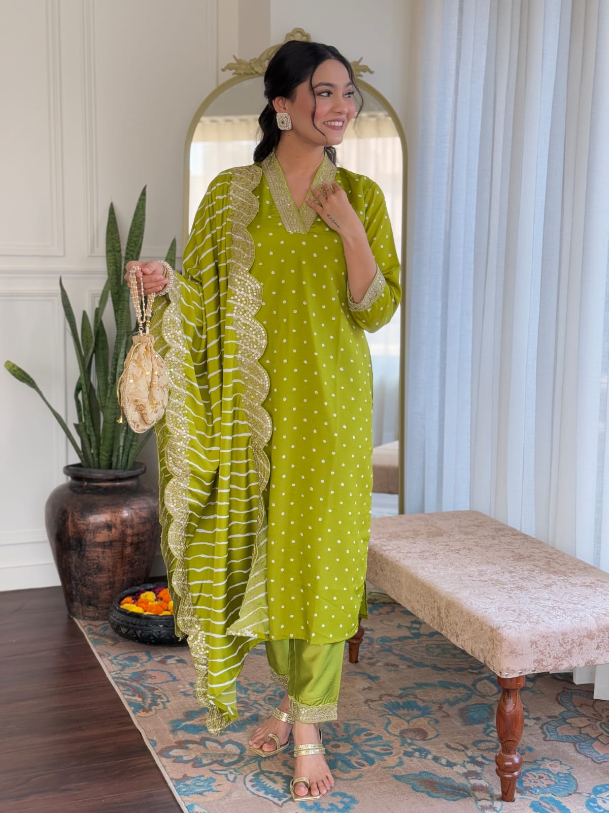 PISTA COLOURED WOMEN'S REYON EMBROIDERED KURTA WITH PANT DUPATTA SET
