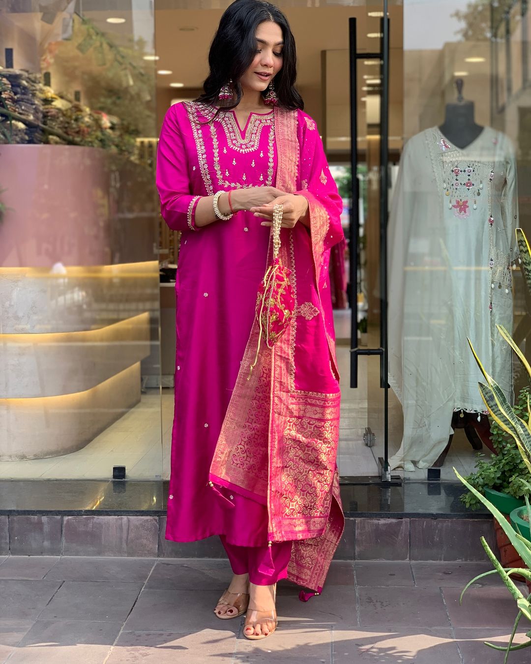 MAROON COLOURED VISCOSE CHANDERI WEAR KURTA SET