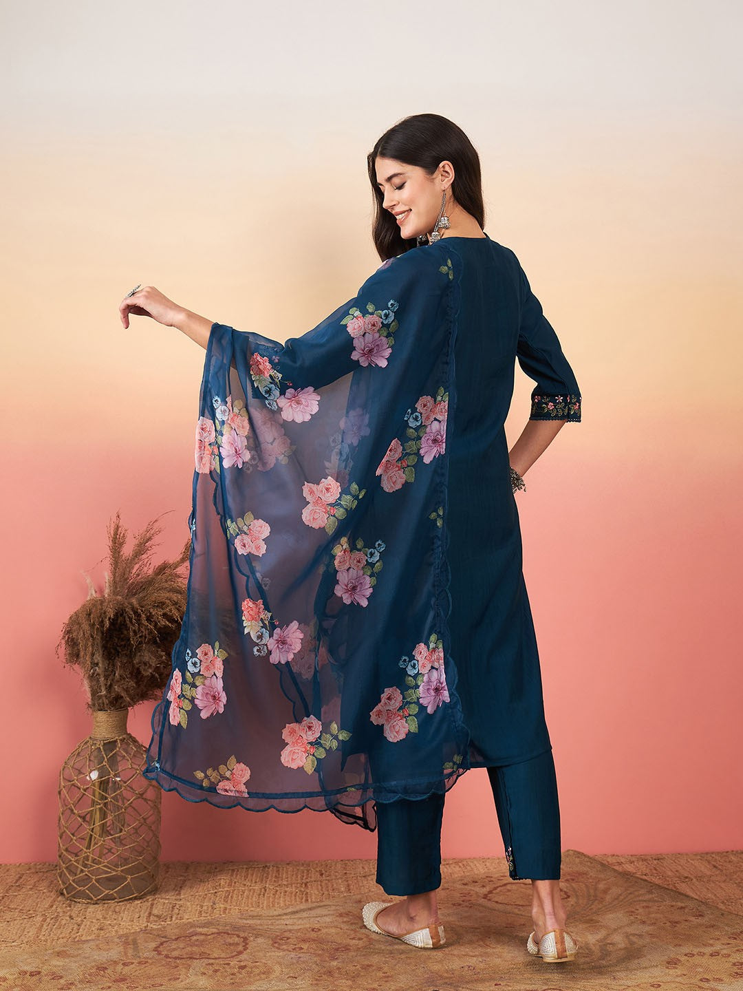 BLUE COLOURED VISCOSE CHANDERI SILK WEAR KURTA SET