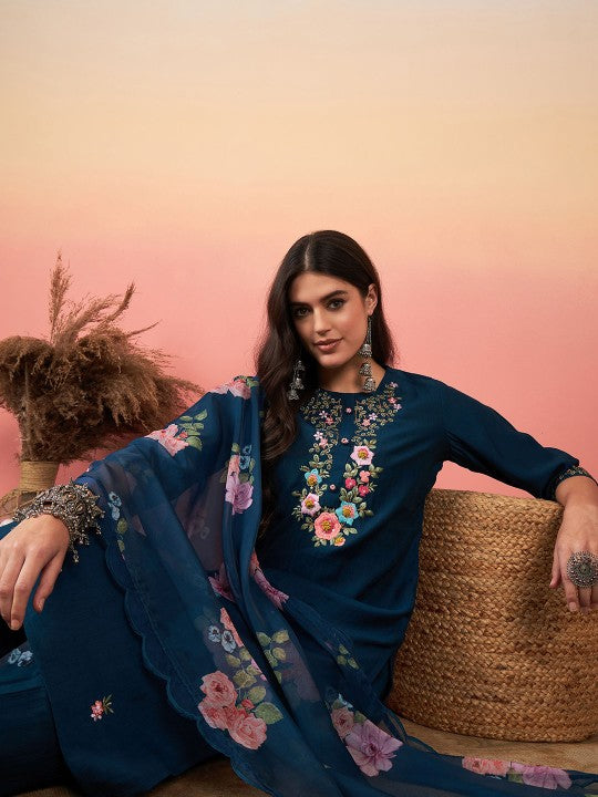 BLUE COLOURED VISCOSE CHANDERI SILK WEAR KURTA SET