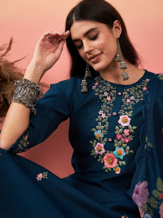 BLUE COLOURED VISCOSE CHANDERI SILK WEAR KURTA SET