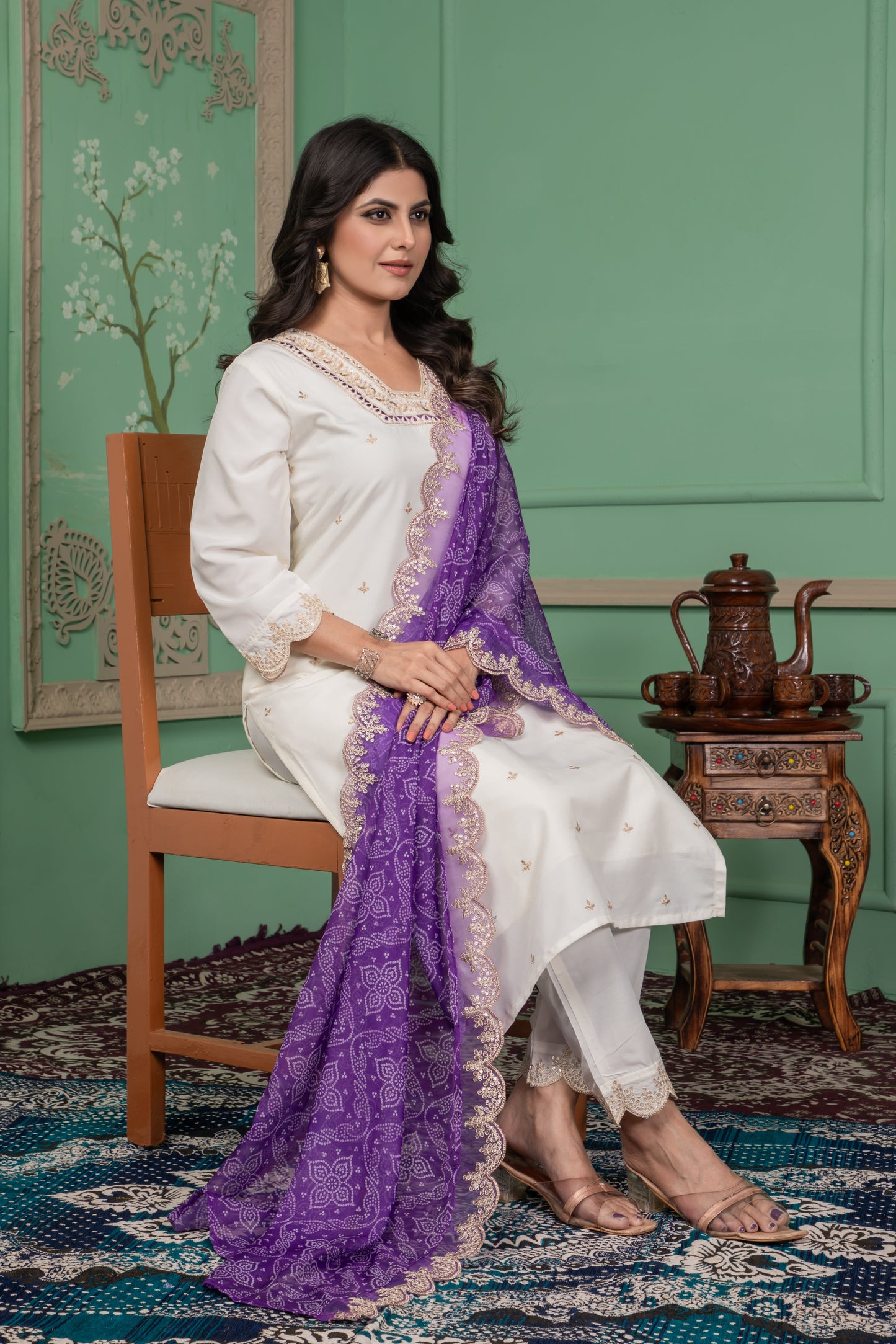 WHITE COLOURED WOMEN'S ROMAN SILK EMBROIDERED KURTA WITH PANT DUPATTA SET