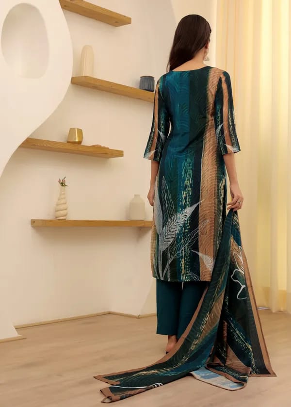 AALIYA BLUE COLOURED WOMEN'S SOFT RAYON SLUB KURTA WITH PANT DUPATTA SET