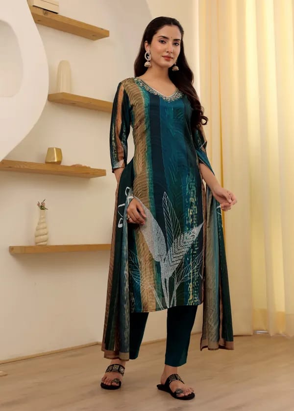 AALIYA BLUE COLOURED WOMEN'S SOFT RAYON SLUB KURTA WITH PANT DUPATTA SET