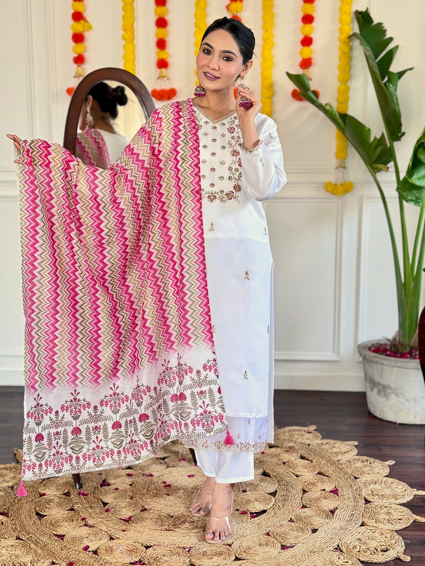 WHITE COLOURED Women Embroidered Chanderi Kurta set