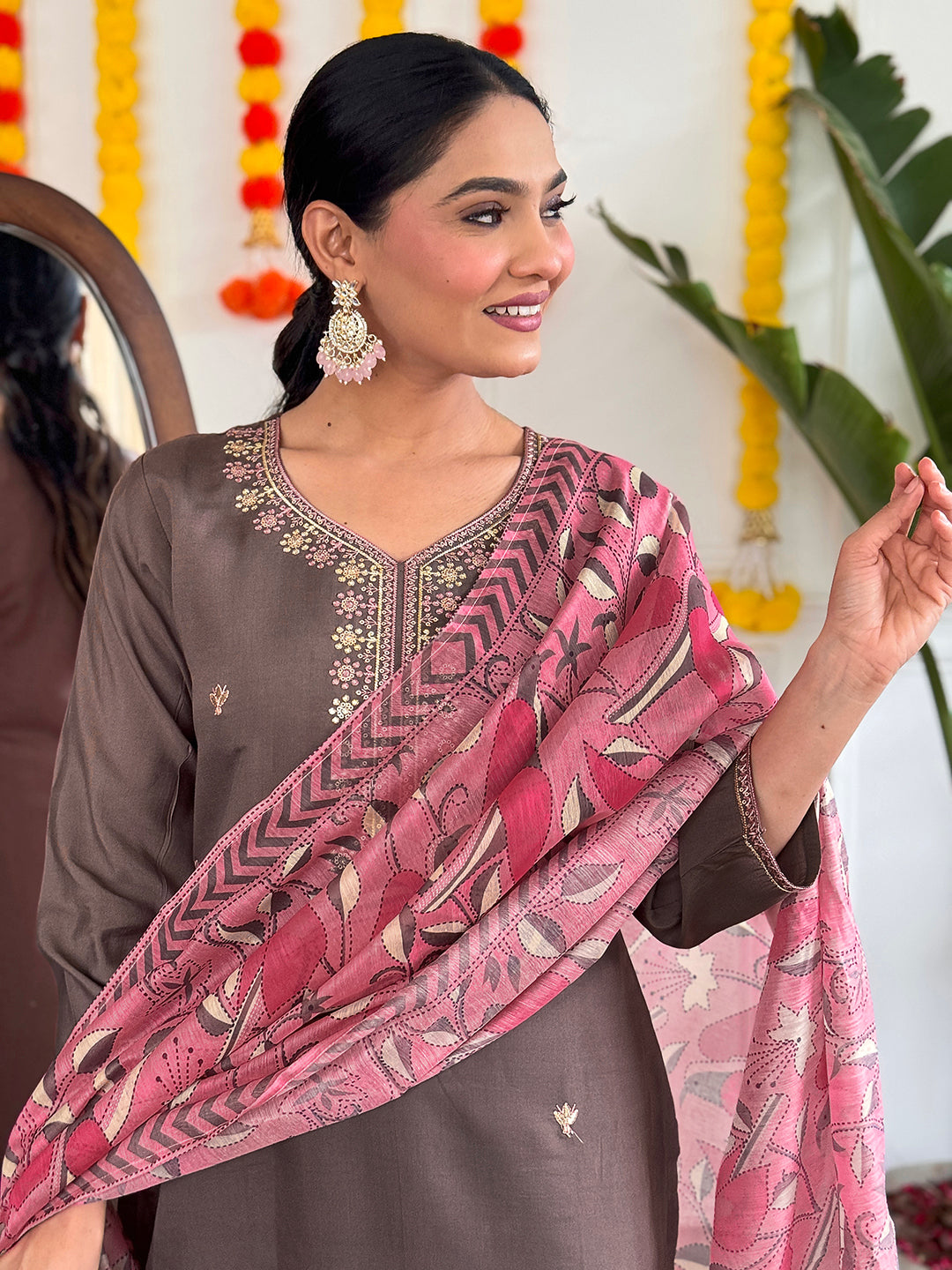 GREY COLOURED Women Embroidered Chanderi Kurta set