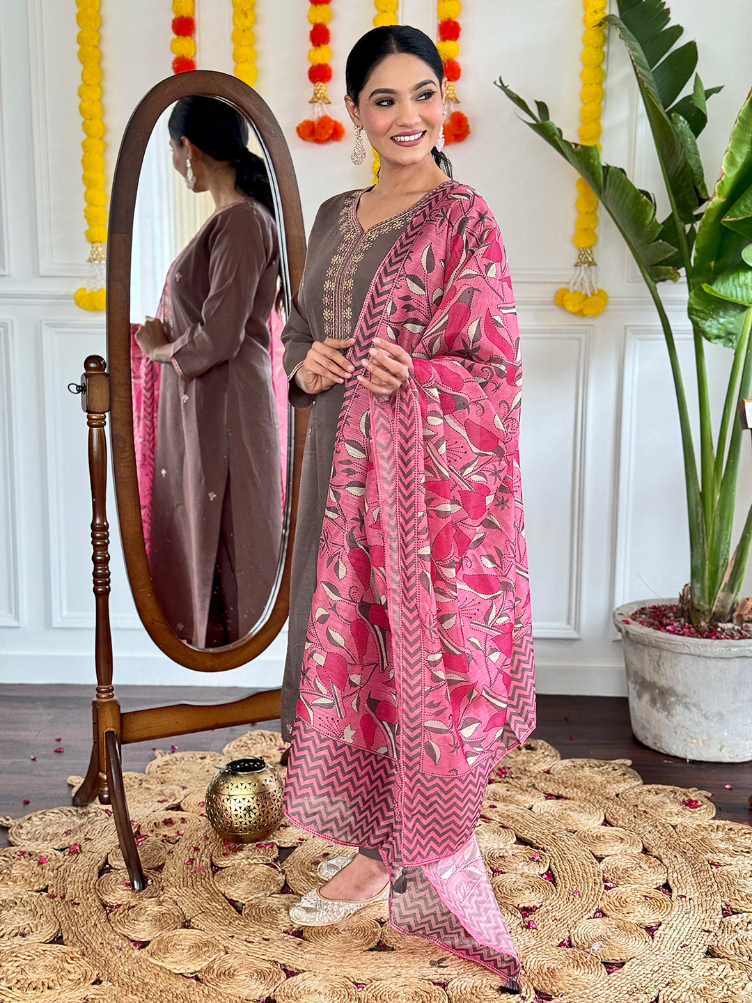 GREY COLOURED Women Embroidered Chanderi Kurta set