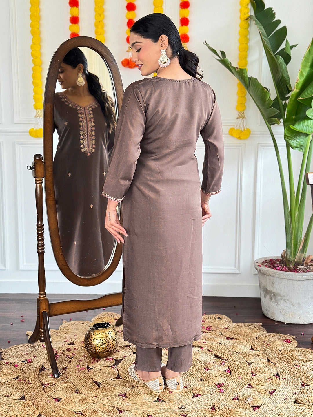 GREY COLOURED Women Embroidered Chanderi Kurta set