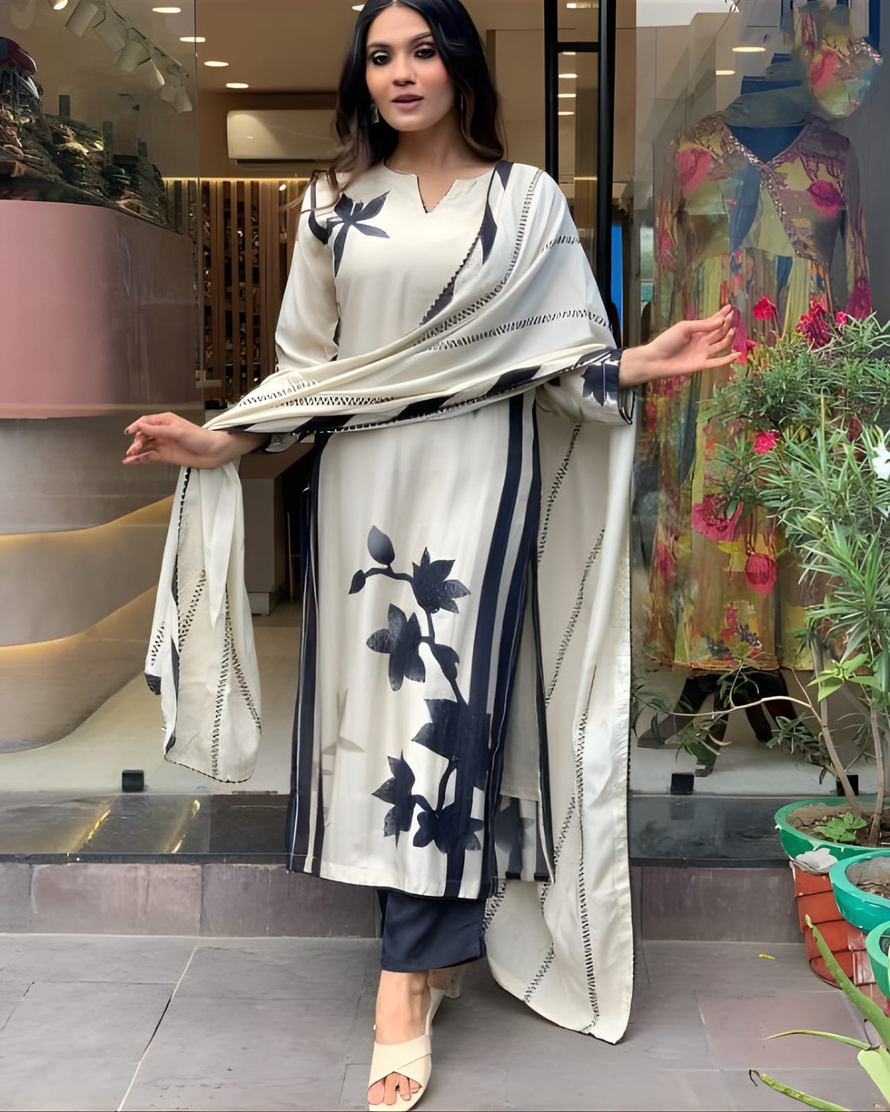 WHITE COLOURED Women Embroidered Chanderi Kurta set