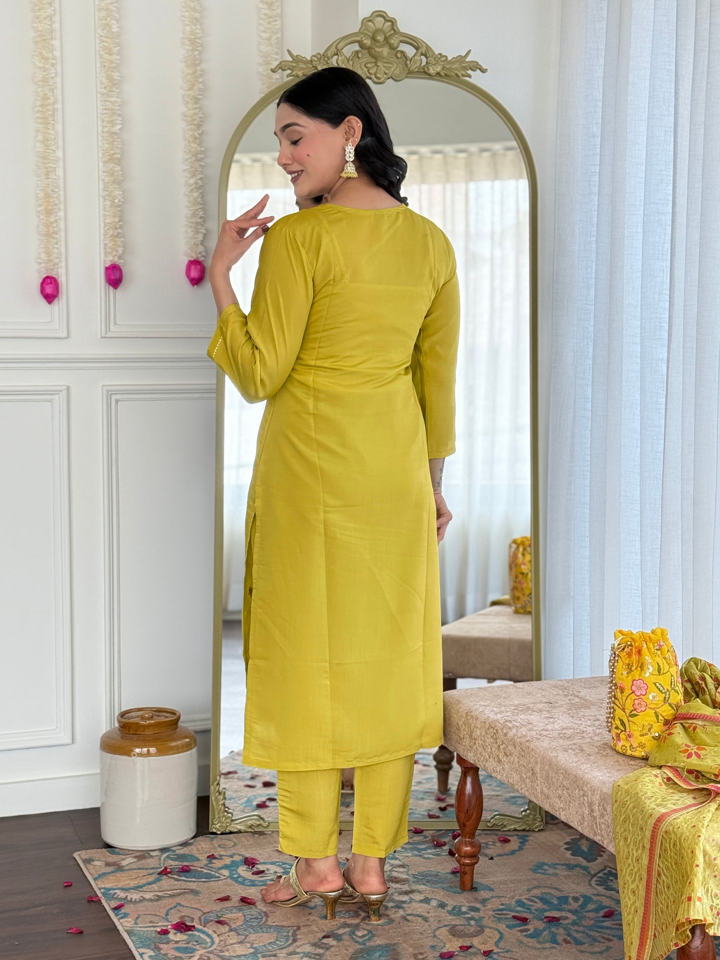 YELLOW COLOURED WOMEN VISCOSE CHANDERI KURTA SET
