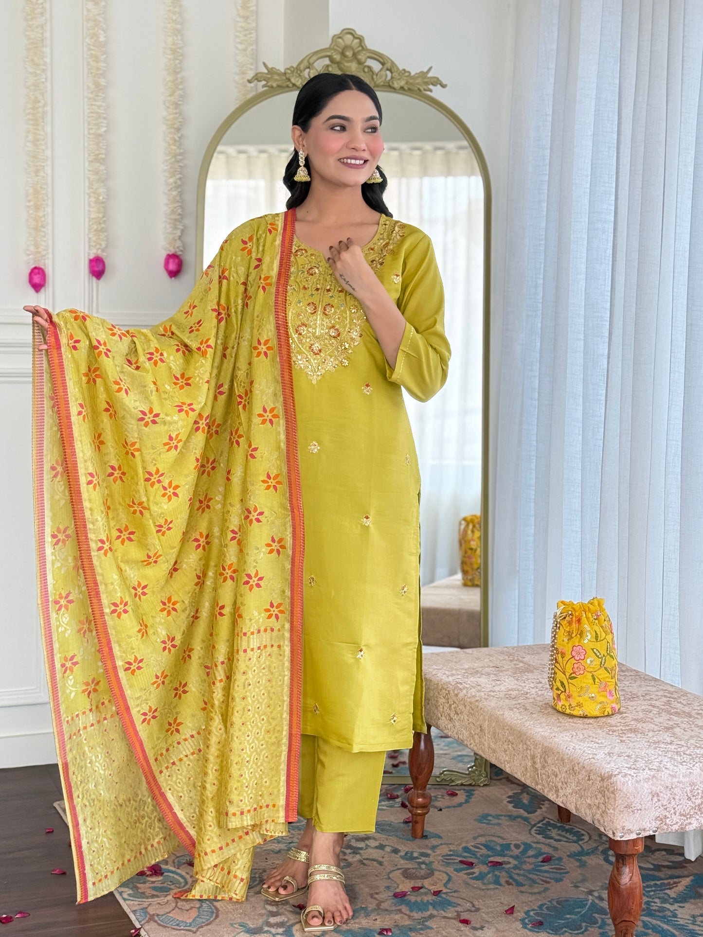 YELLOW COLOURED WOMEN VISCOSE CHANDERI KURTA SET