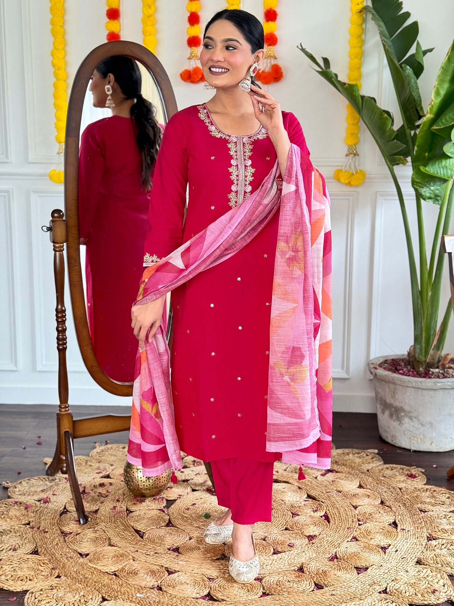 PINK COLOURED WOMEN VISCOSE CHANDERI KURTA SET