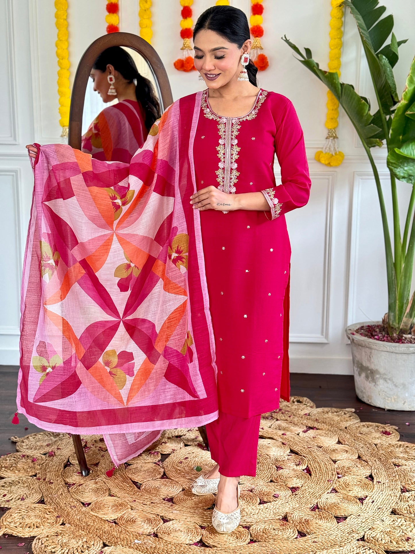 PINK COLOURED WOMEN VISCOSE CHANDERI KURTA SET