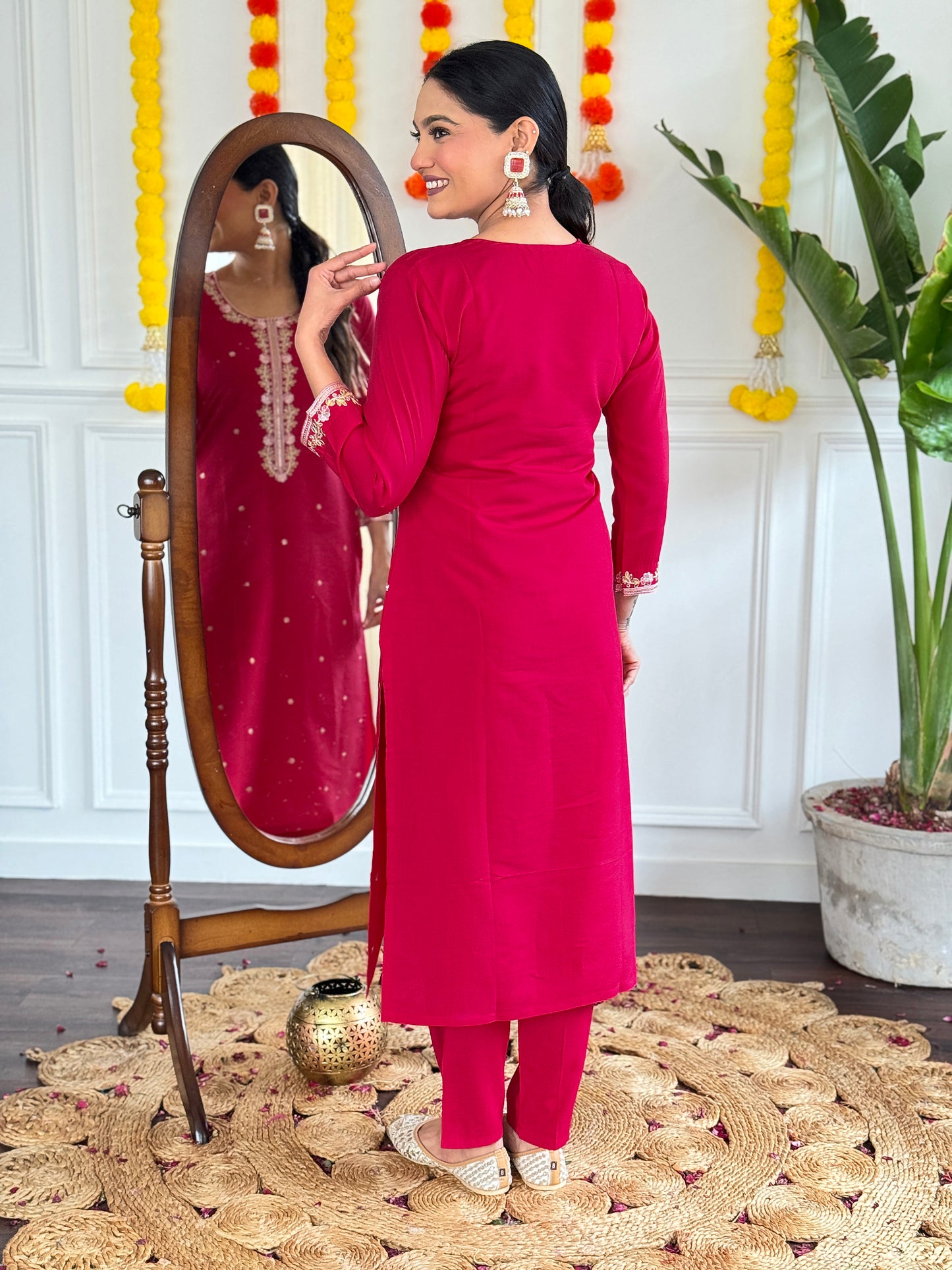 PINK COLOURED WOMEN VISCOSE CHANDERI KURTA SET