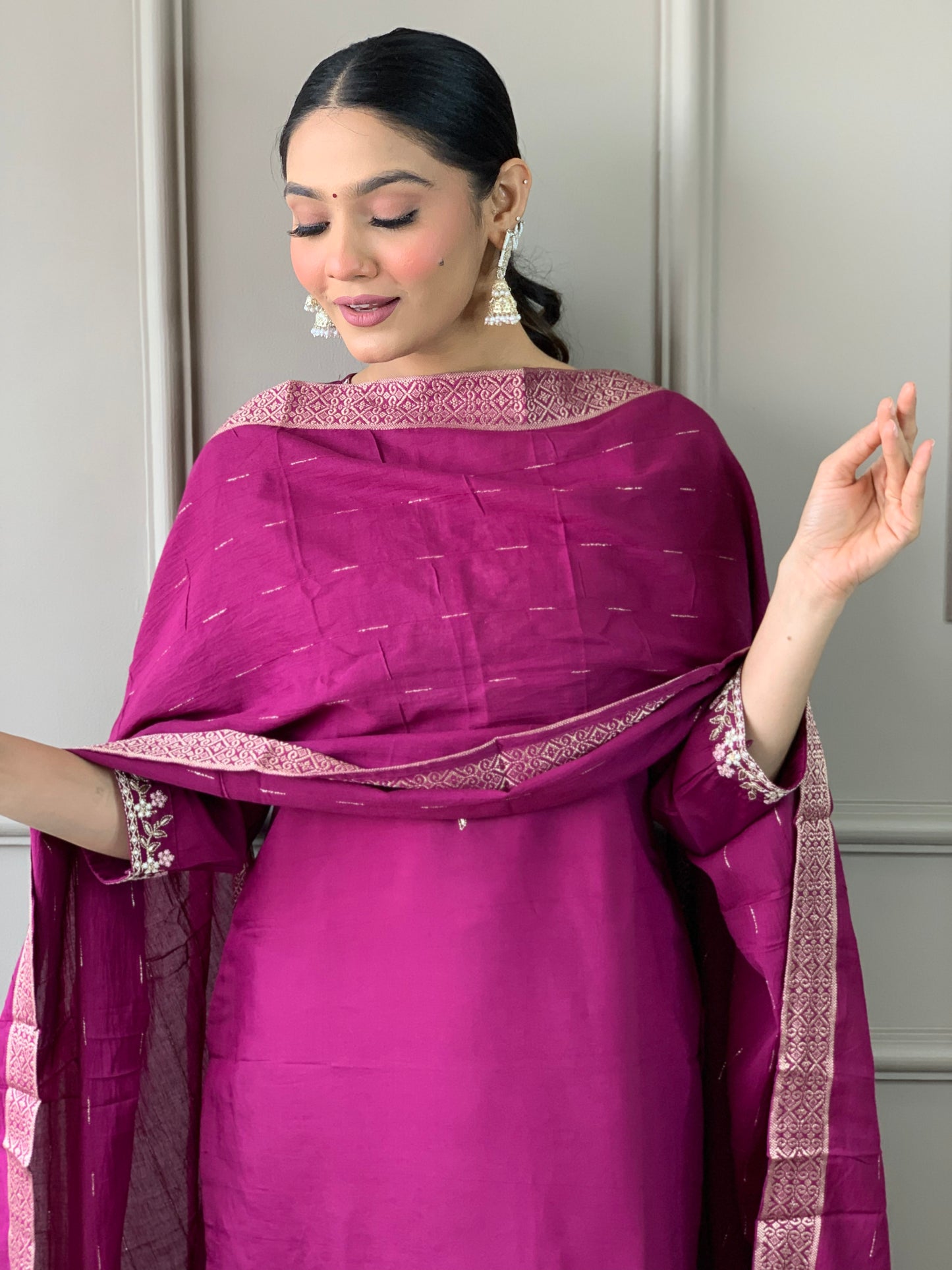 EMLY MAROON COLOURED WOMEN VISCOSE CHANDERI KURTA SET