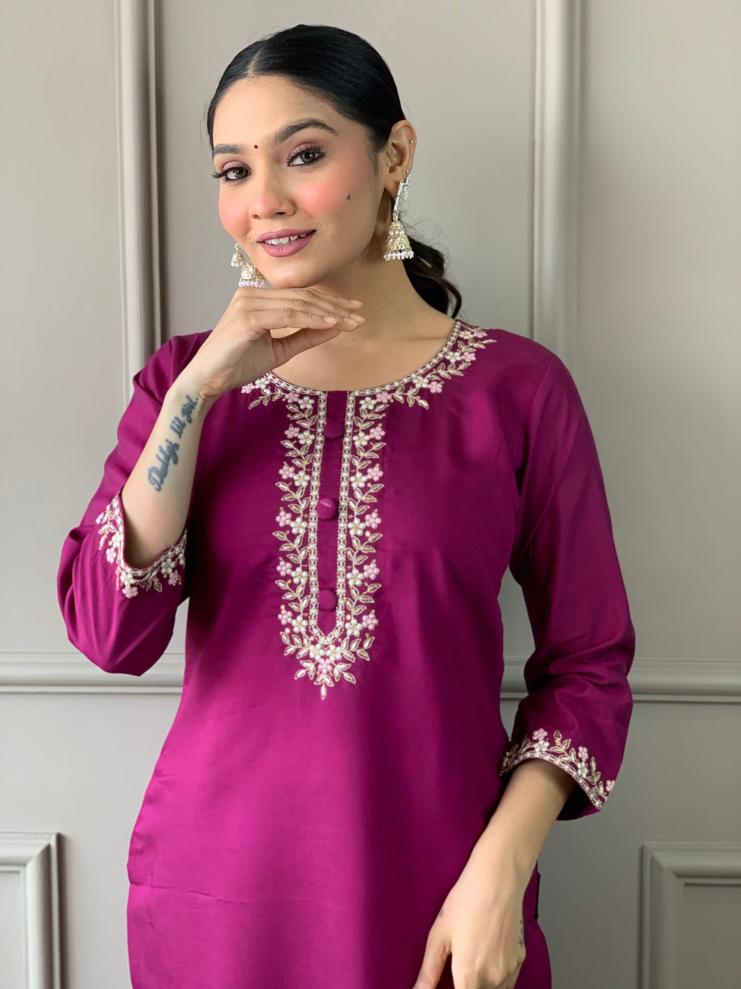 EMLY MAROON COLOURED WOMEN VISCOSE CHANDERI KURTA SET