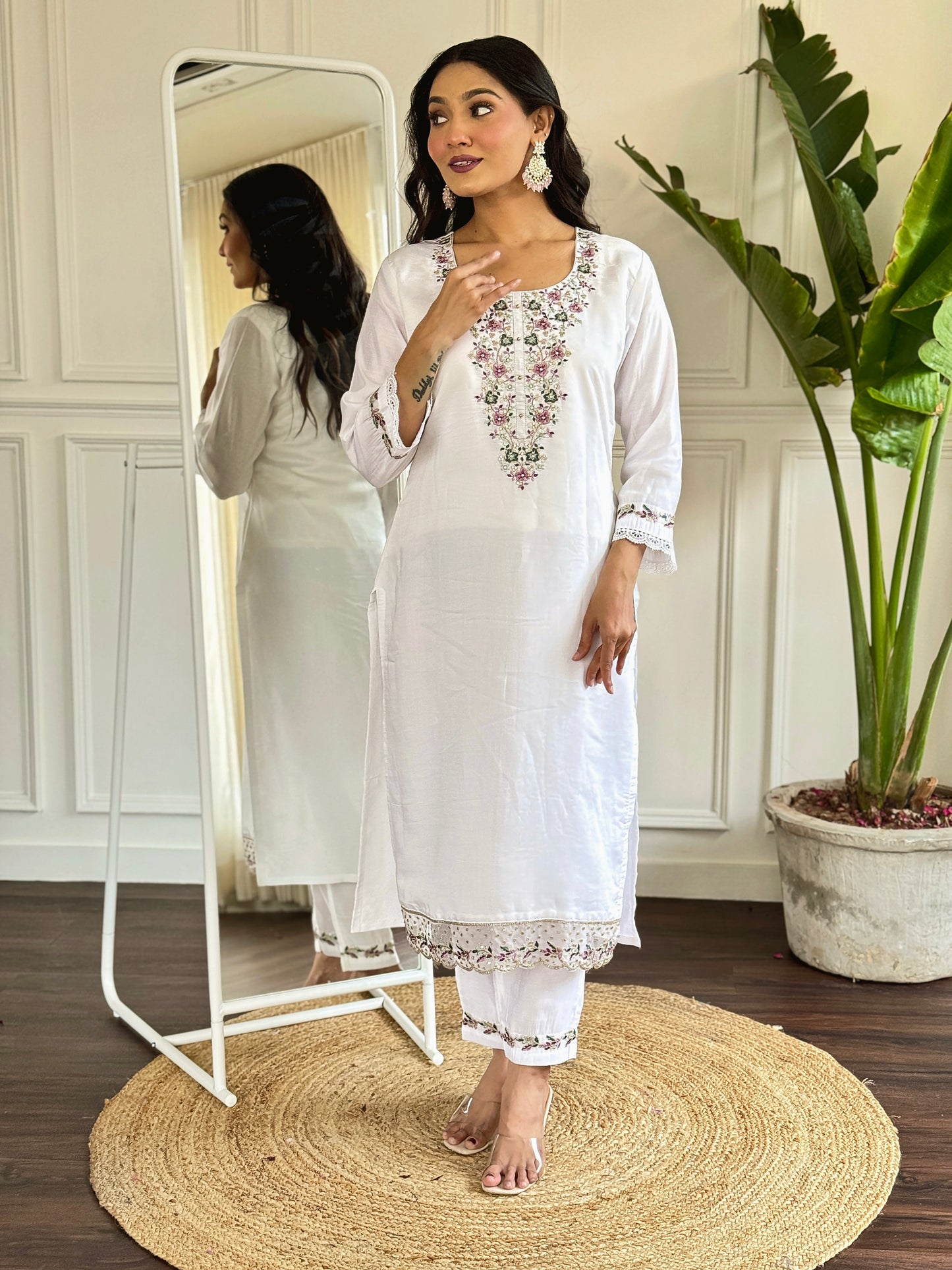 WHITE COLOURED WOMEN EMBROIDERY WORK KURTA SET