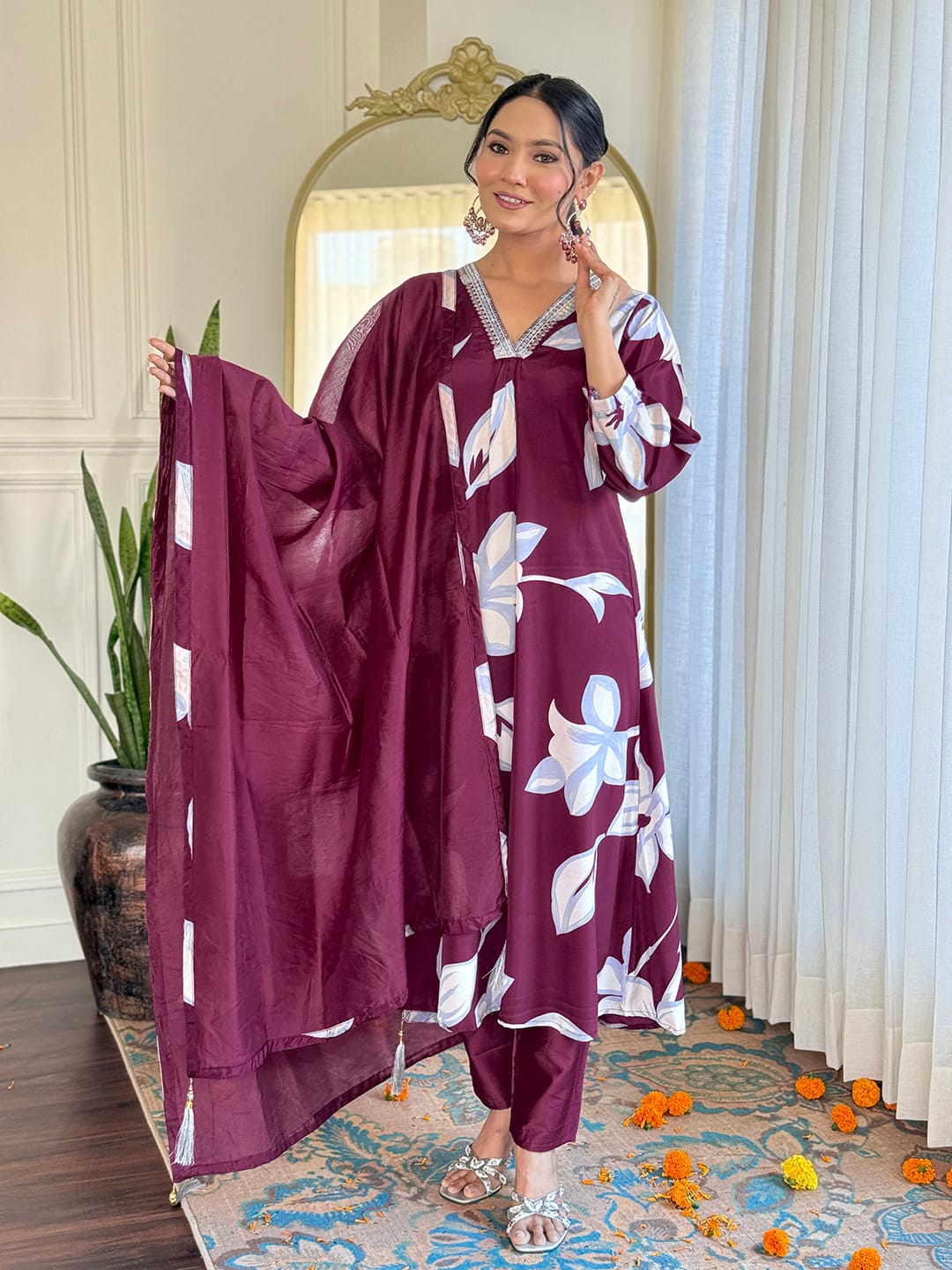 BLUE COLOURED WOMEN CHANDERI SILK KURTA SET