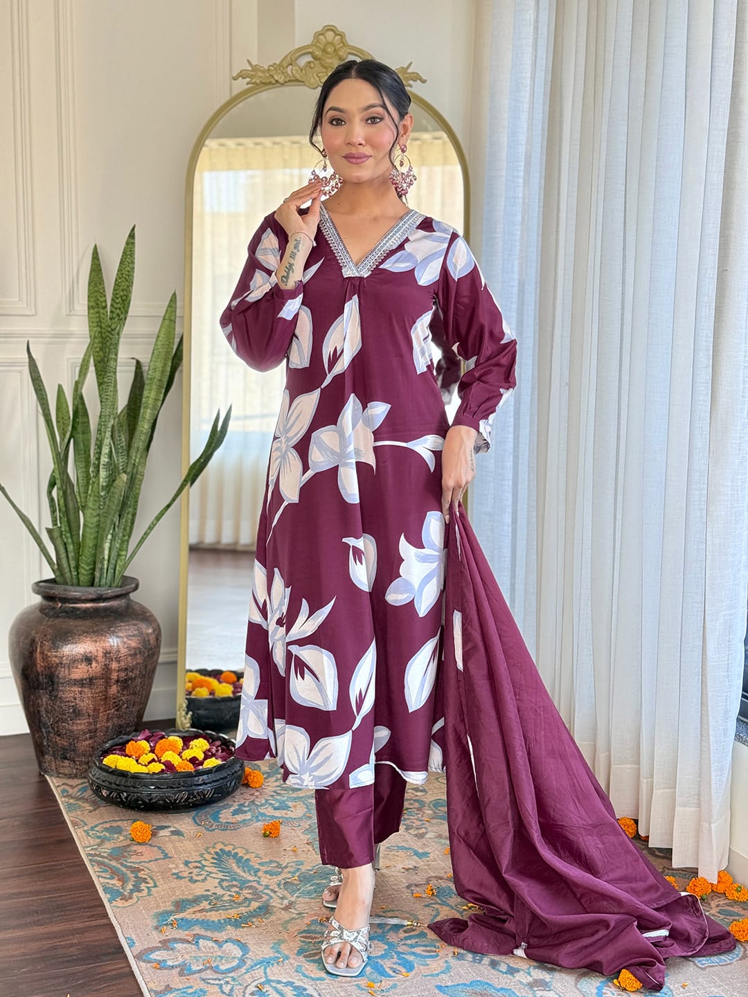 BLUE COLOURED WOMEN CHANDERI SILK KURTA SET
