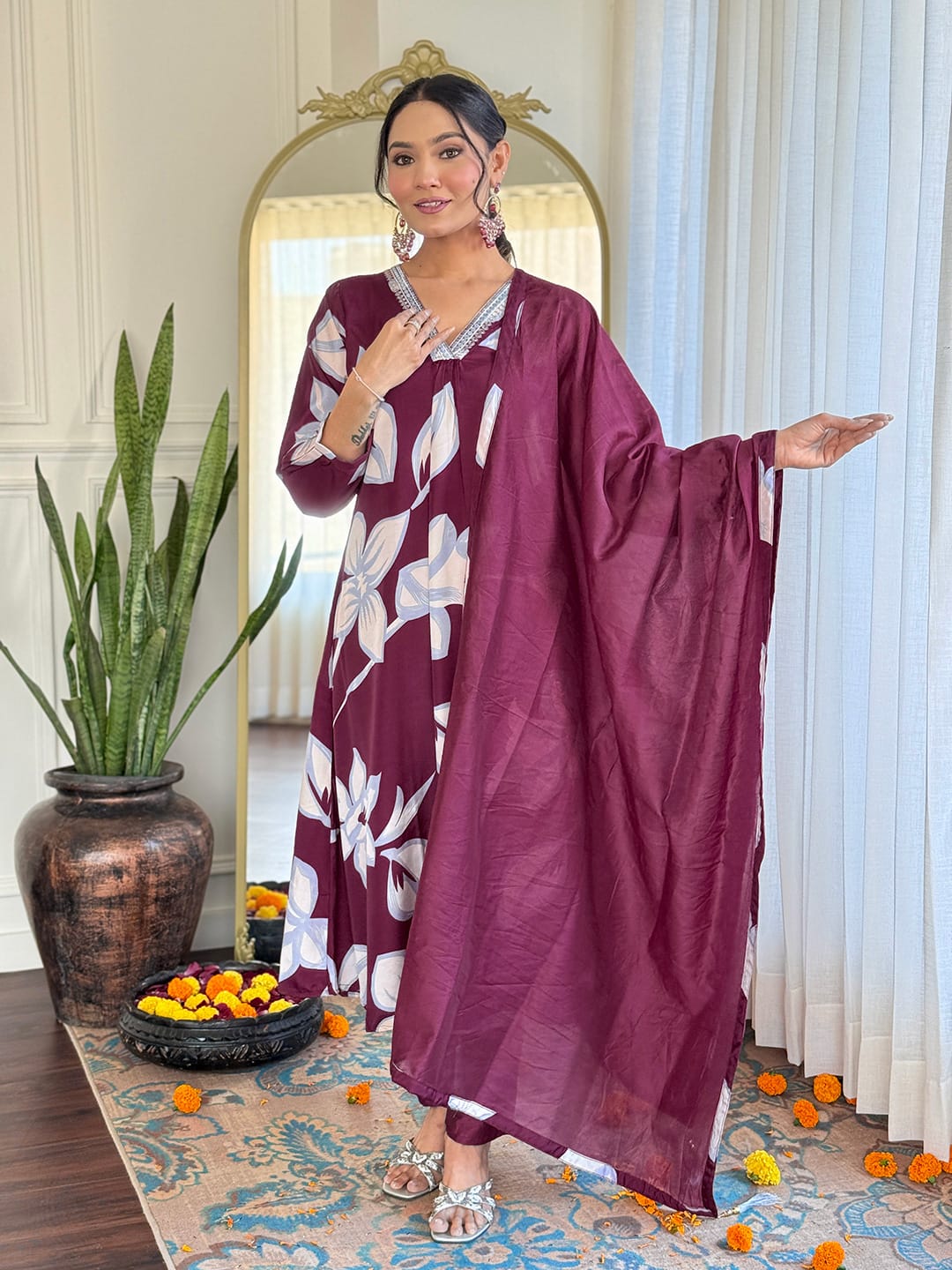 BLUE COLOURED WOMEN CHANDERI SILK KURTA SET