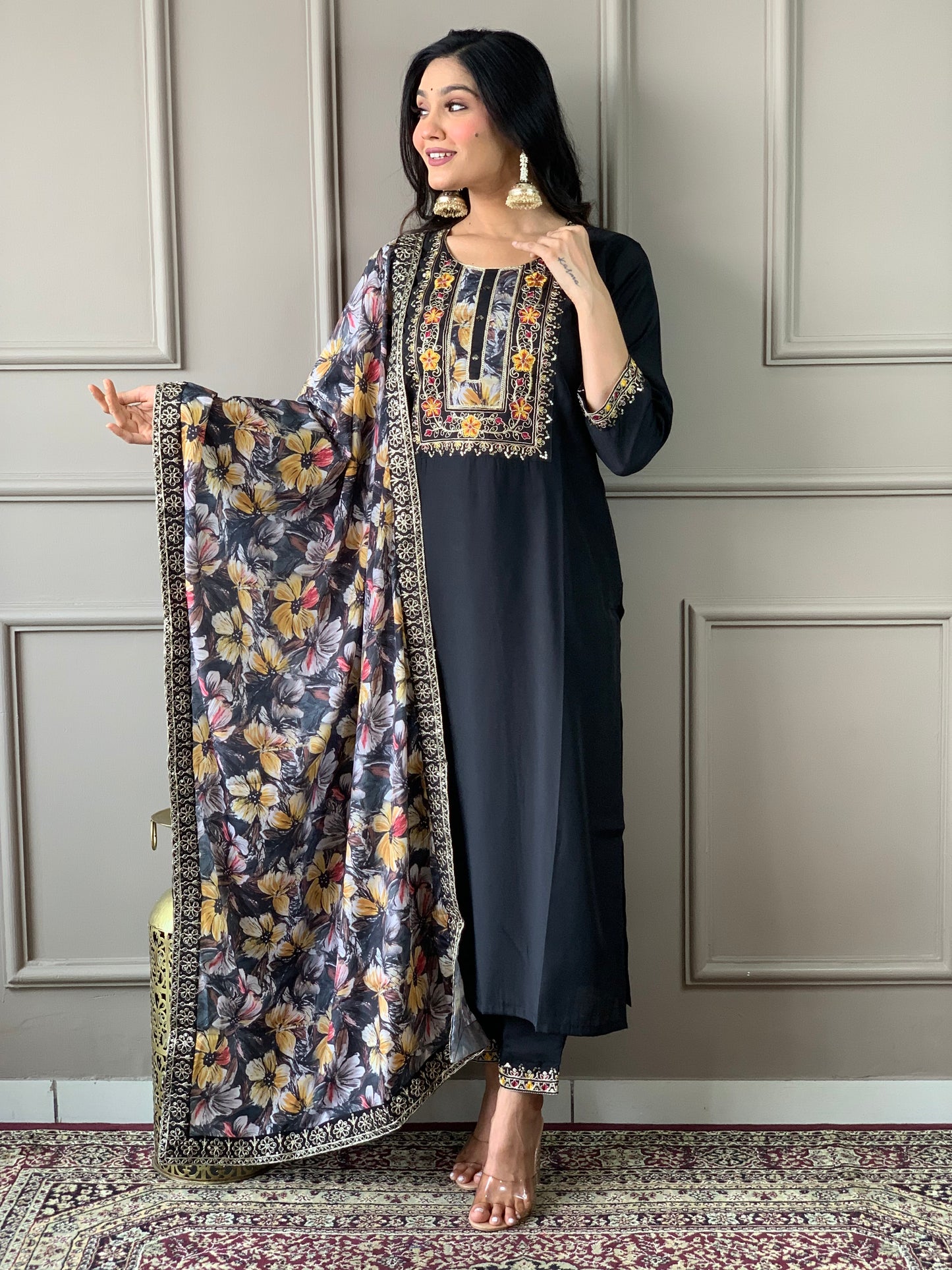 HAZEL BLACK COLOURED VISCOSE RAYON KURTA SET