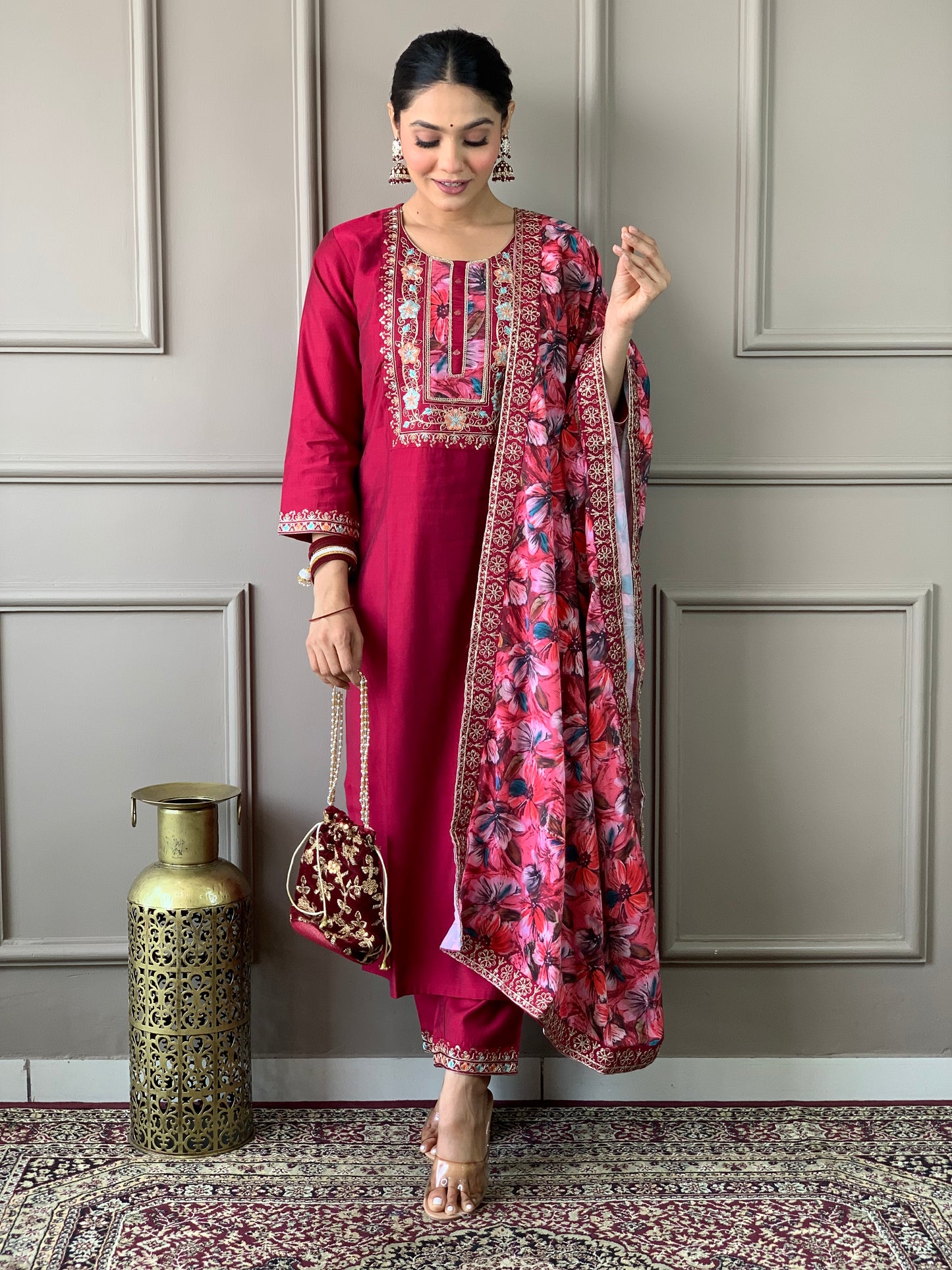 HAZEL MAROON COLOURED VISCOSE CHANDERI RAYON KURTA SET