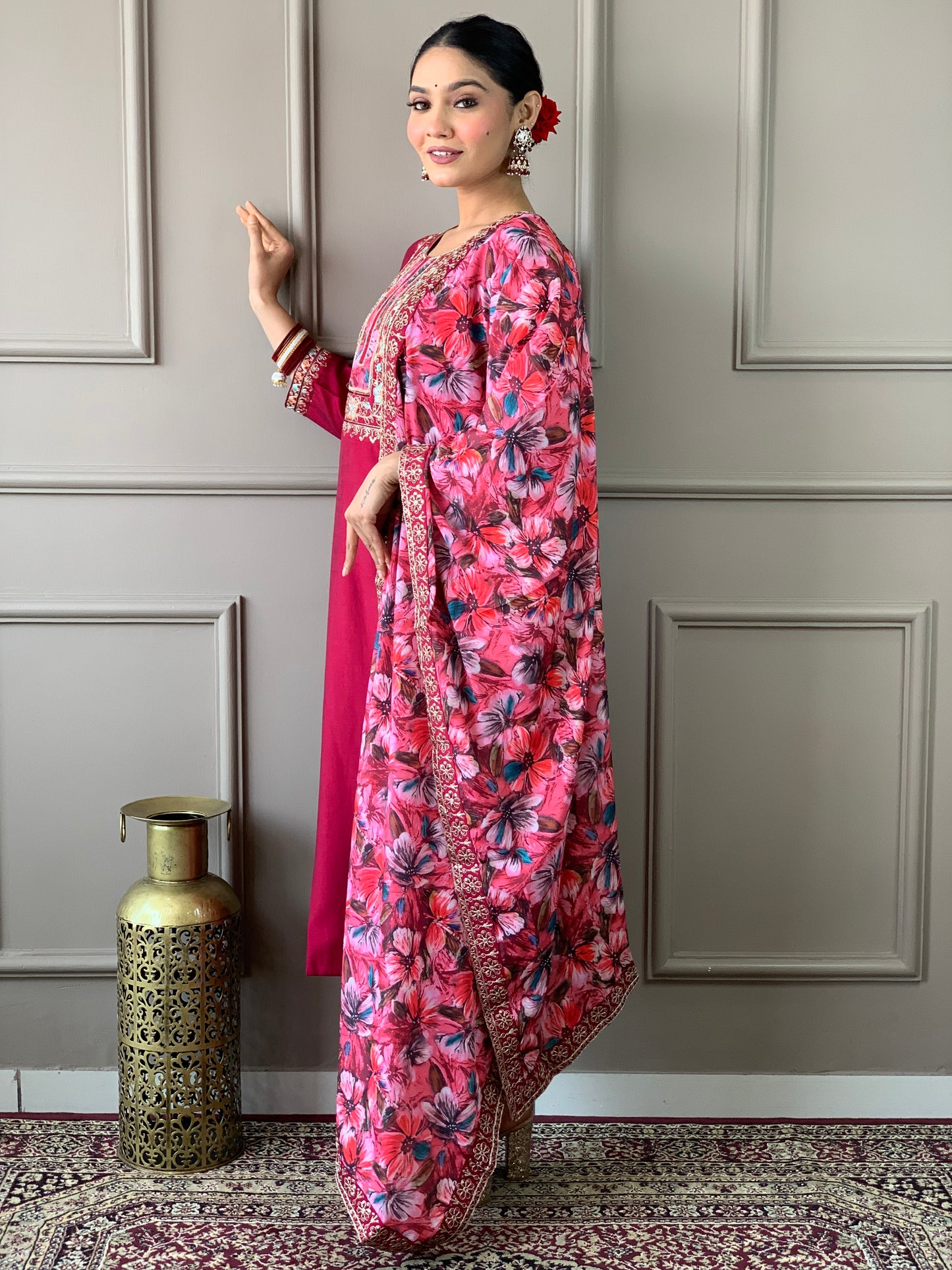 HAZEL MAROON COLOURED VISCOSE CHANDERI RAYON KURTA SET