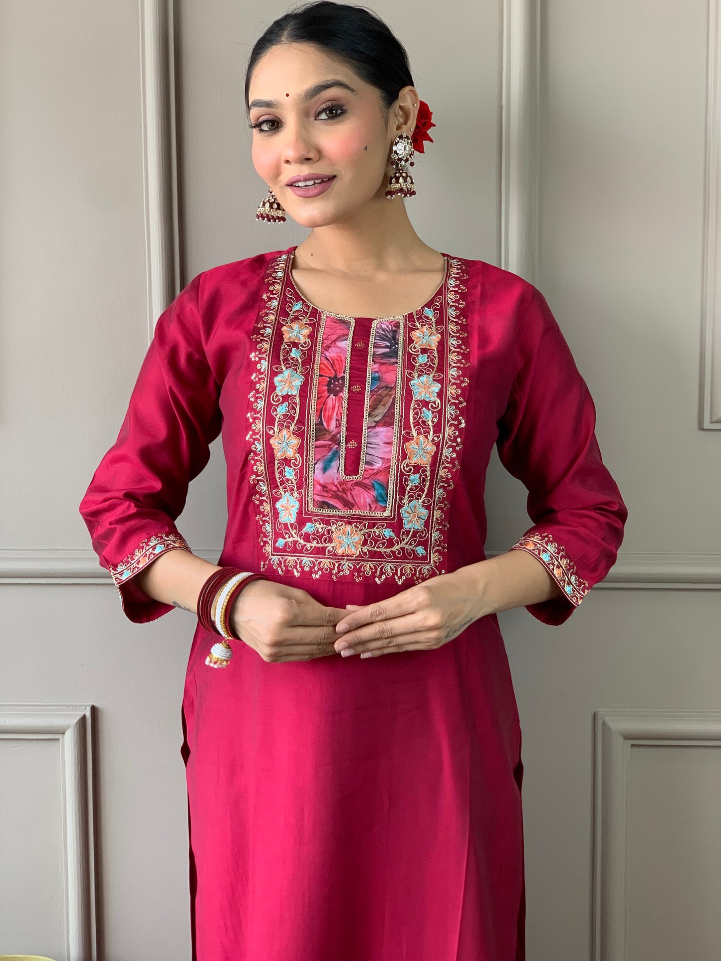 HAZEL MAROON COLOURED VISCOSE CHANDERI RAYON KURTA SET