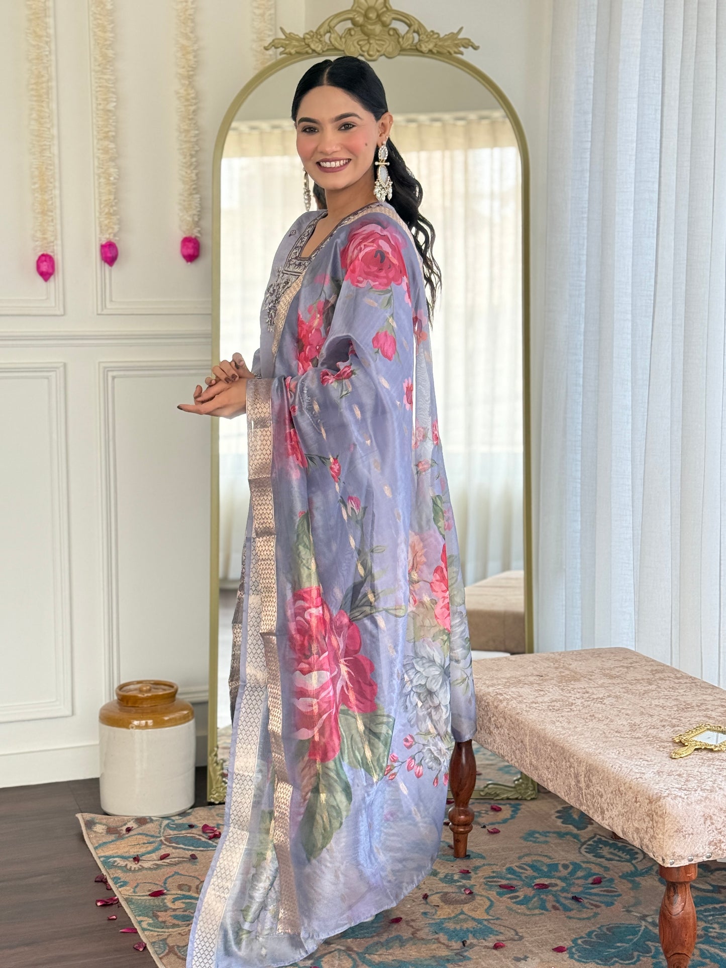 GREY COLOURED WOMEN'S CHANDERI SILK EMBROIDERED KURTA WITH PANT DUPATTA SET