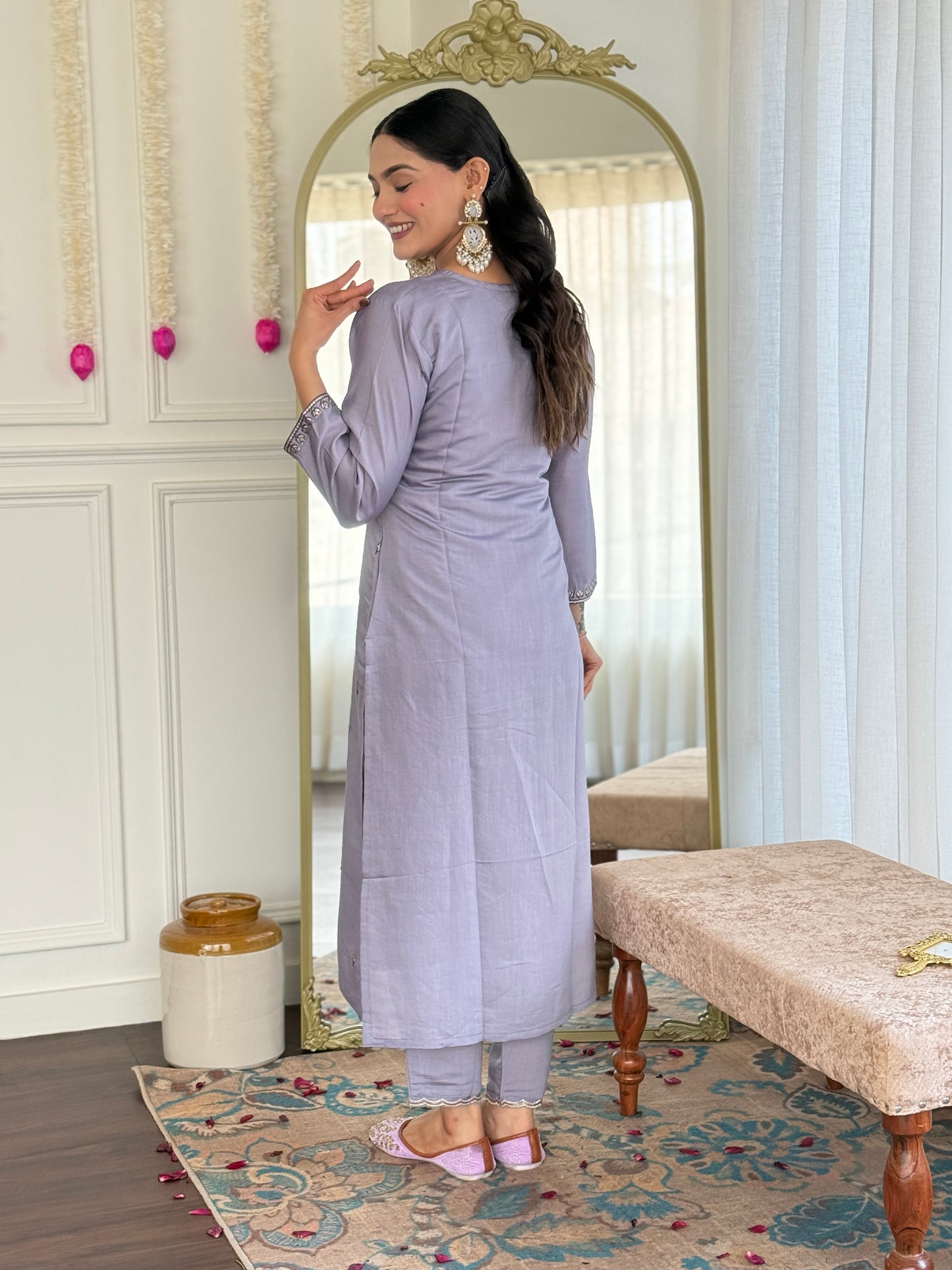 GREY COLOURED WOMEN'S CHANDERI SILK EMBROIDERED KURTA WITH PANT DUPATTA SET
