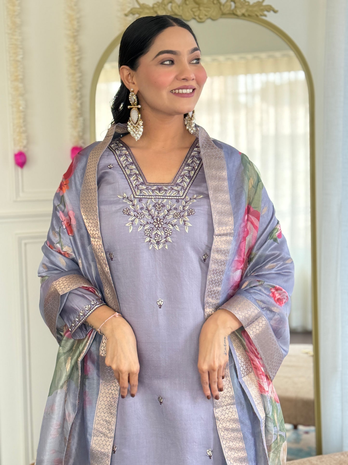 GREY COLOURED WOMEN'S CHANDERI SILK EMBROIDERED KURTA WITH PANT DUPATTA SET