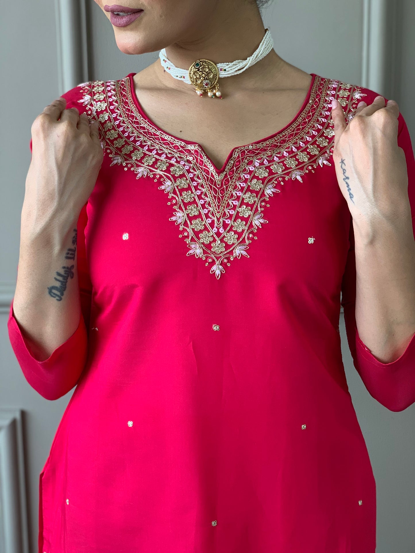 PINK COLOURED WOMEN'S VISCOSE CHANDERI KURTA SET