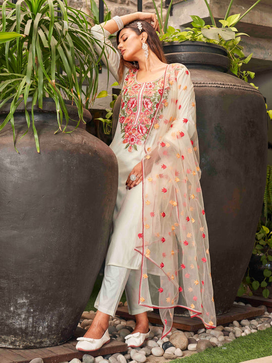 WHITE COLOURED WOMEN'S VISCOSE CHANDERI EMBROIDERED KURTA WITH PANT DUPATTA SET