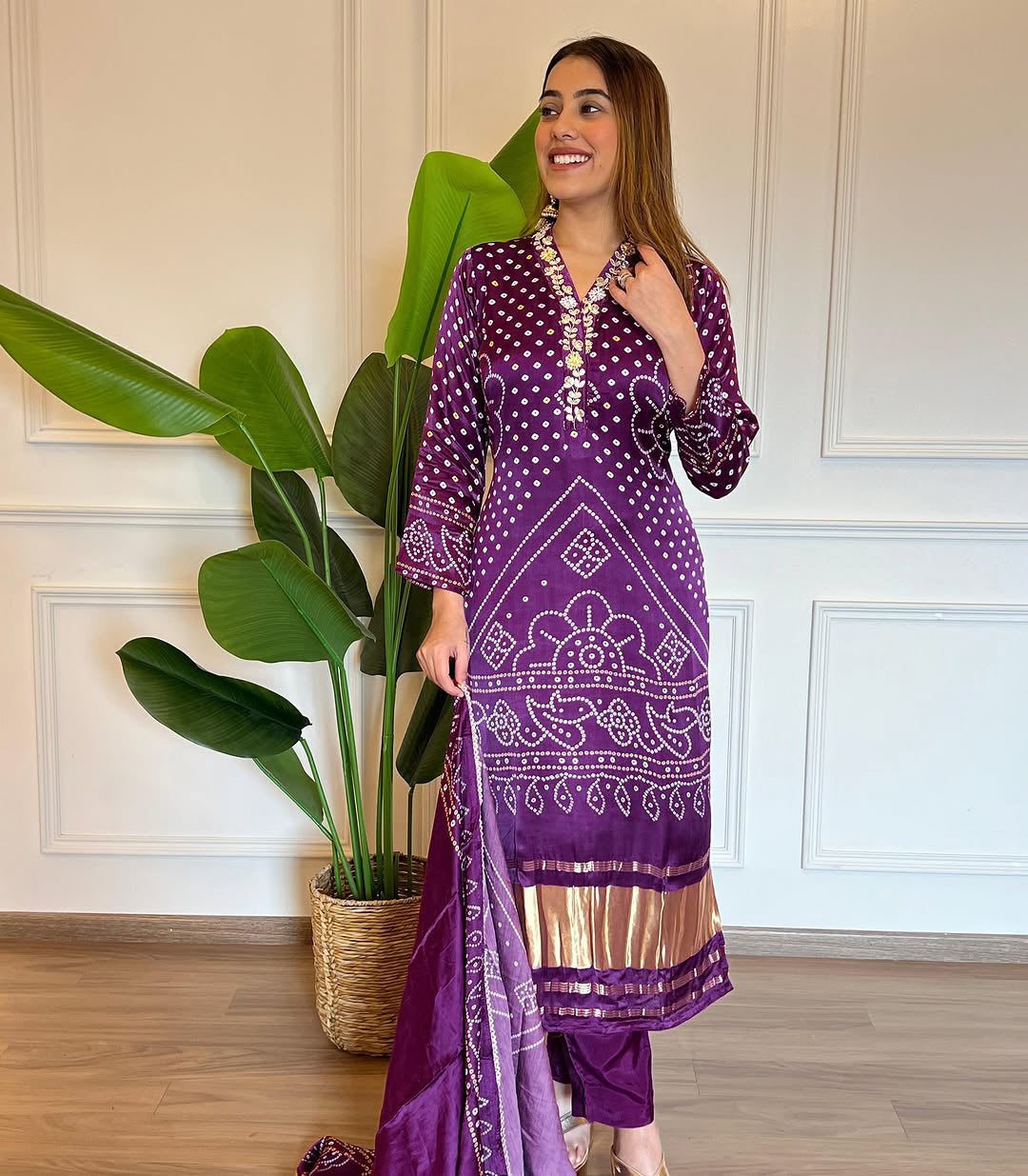 PURPLE COLOURED WOMEN'S VISCOSE COTTON KURTA WITH PANT DUPATTA SET