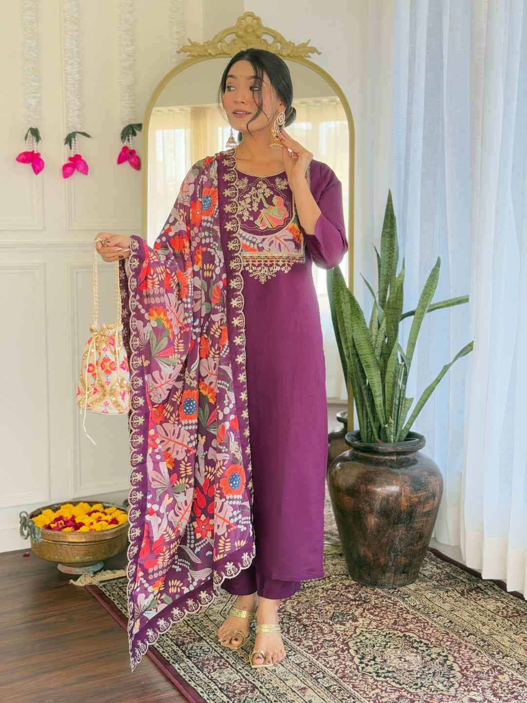 NARI Women's Chanderi Viscose Embroidered Straight Kurta with Chanderi Viscose Pant And Silk Printed Dupatta Sets