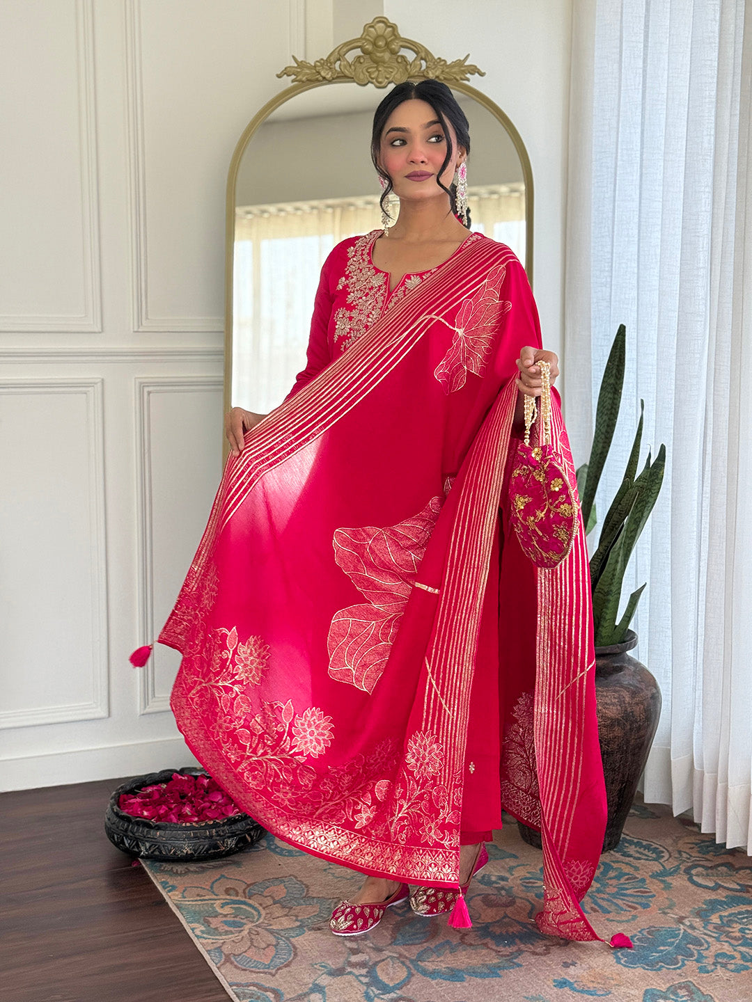 PINK COLOURED WOMEN'S ROMAN SILK EMBROIDERED STRAIGHT KURTA WITH PANT DUPATTA SET