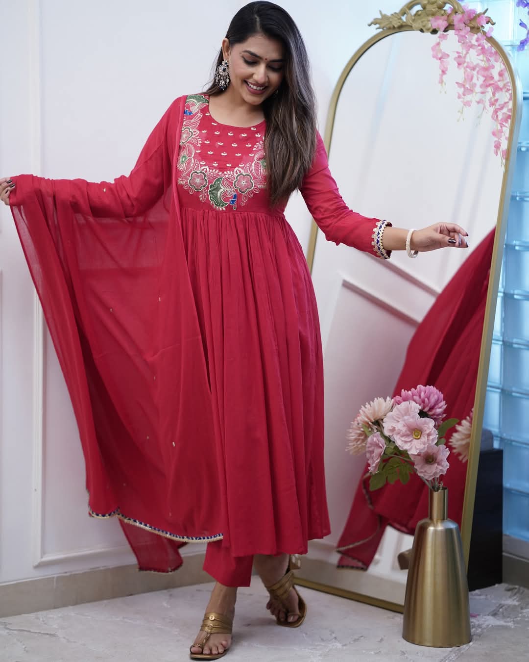 MORLO RED COLOURED WOMEN'SBSY CHINNON KURTA WITH PANT DUPATTA SET
