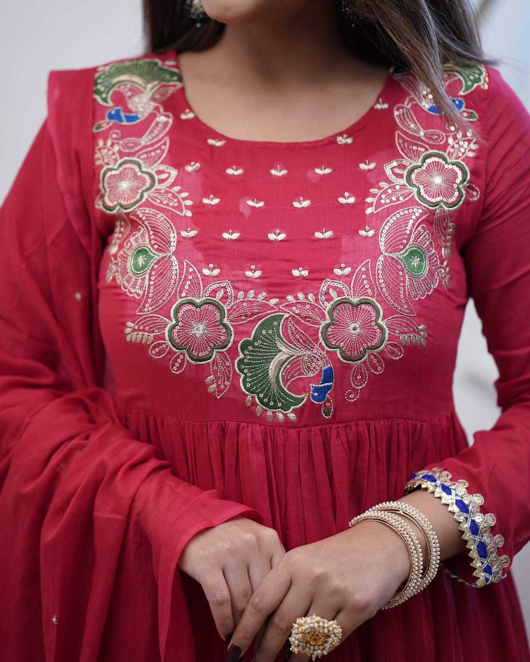 MORLO RED COLOURED WOMEN'SBSY CHINNON KURTA WITH PANT DUPATTA SET