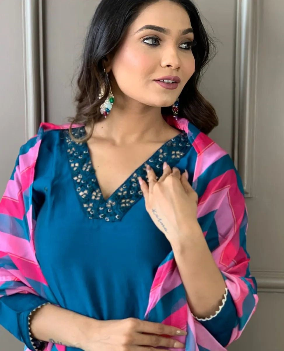 BLUE COLOURED WOMEN'S REYON SLUB KURTA SET