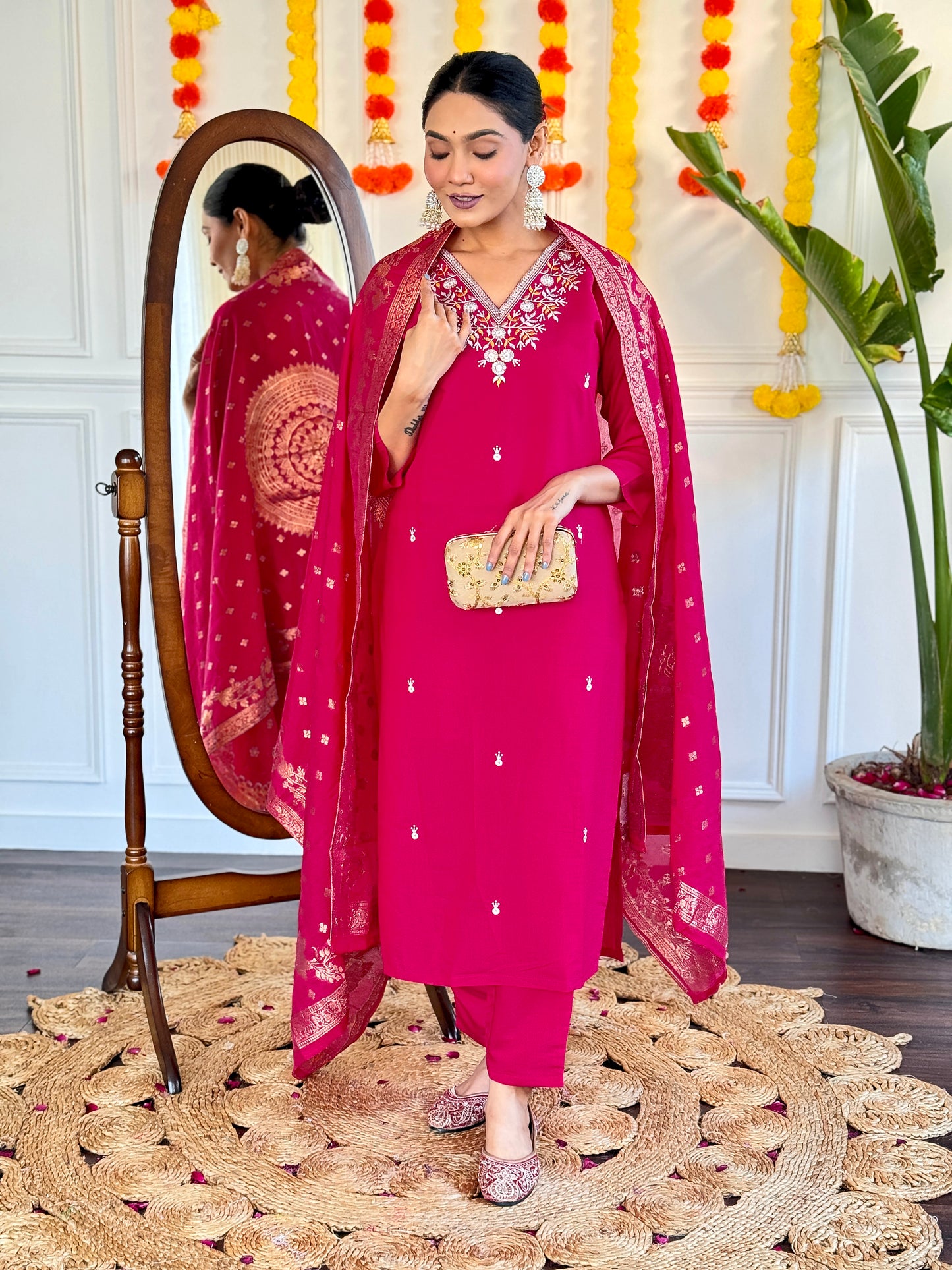 PINK COLOURED WOMEN'S VISCOSE CHANDERI EMBROIDERED STRAIGHT KURTA WITH PANT DUPATTA SET