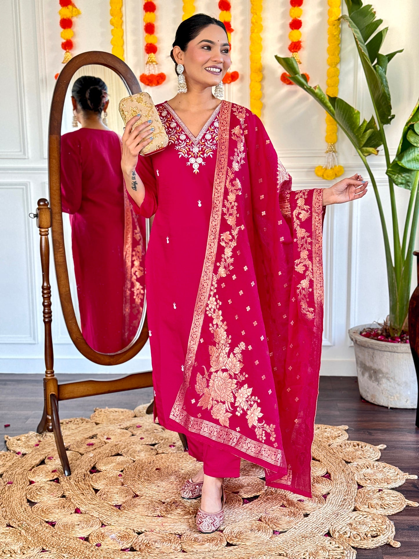 PINK COLOURED WOMEN'S VISCOSE CHANDERI EMBROIDERED STRAIGHT KURTA WITH PANT DUPATTA SET
