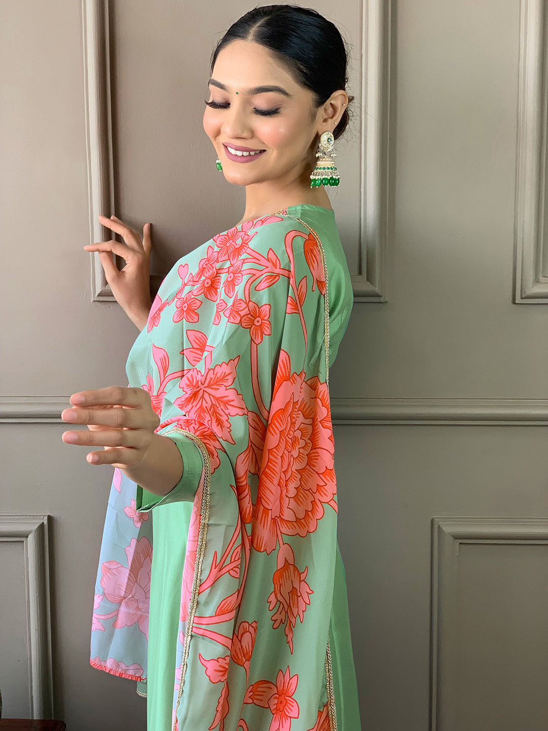 PISTA COLOURED WOMEN'S CHANDERI WITH COTTON LINNING EMBROIDERED STRAIGHT KURTA WITH PANT DUPATTA SET