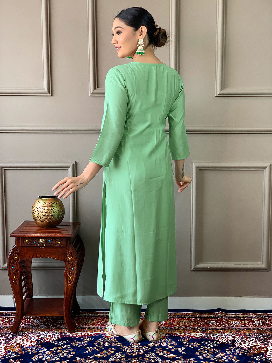 PISTA COLOURED WOMEN'S CHANDERI WITH COTTON LINNING EMBROIDERED STRAIGHT KURTA WITH PANT DUPATTA SET