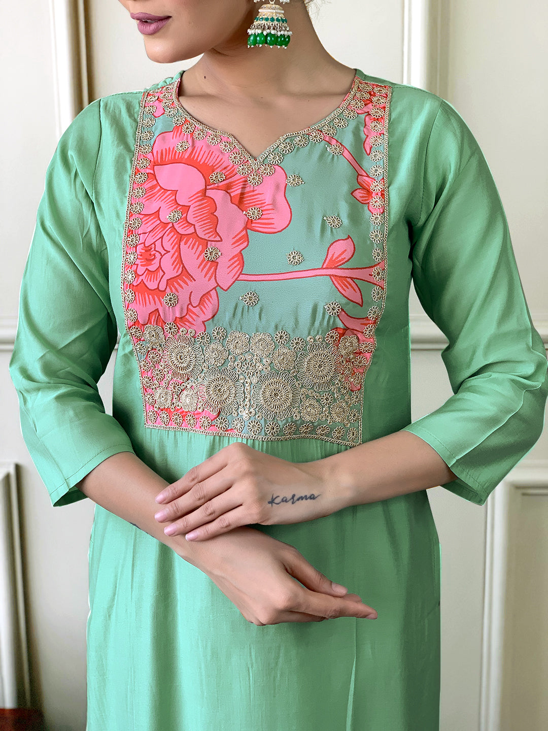 PISTA COLOURED WOMEN'S CHANDERI WITH COTTON LINNING EMBROIDERED STRAIGHT KURTA WITH PANT DUPATTA SET
