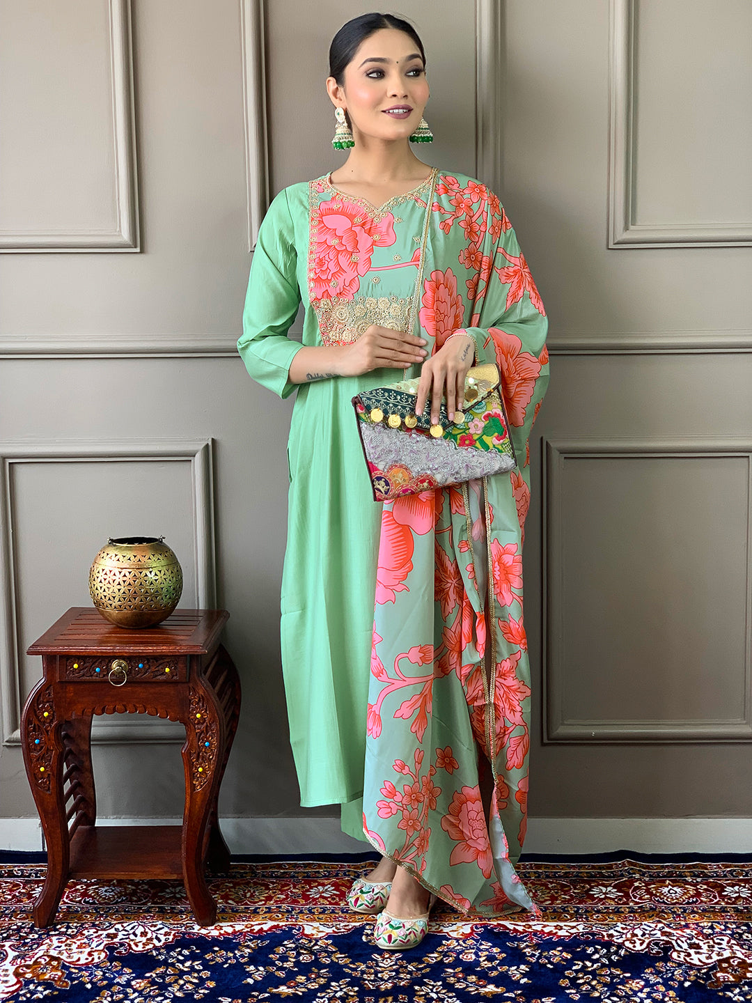 PISTA COLOURED WOMEN'S CHANDERI WITH COTTON LINNING EMBROIDERED STRAIGHT KURTA WITH PANT DUPATTA SET