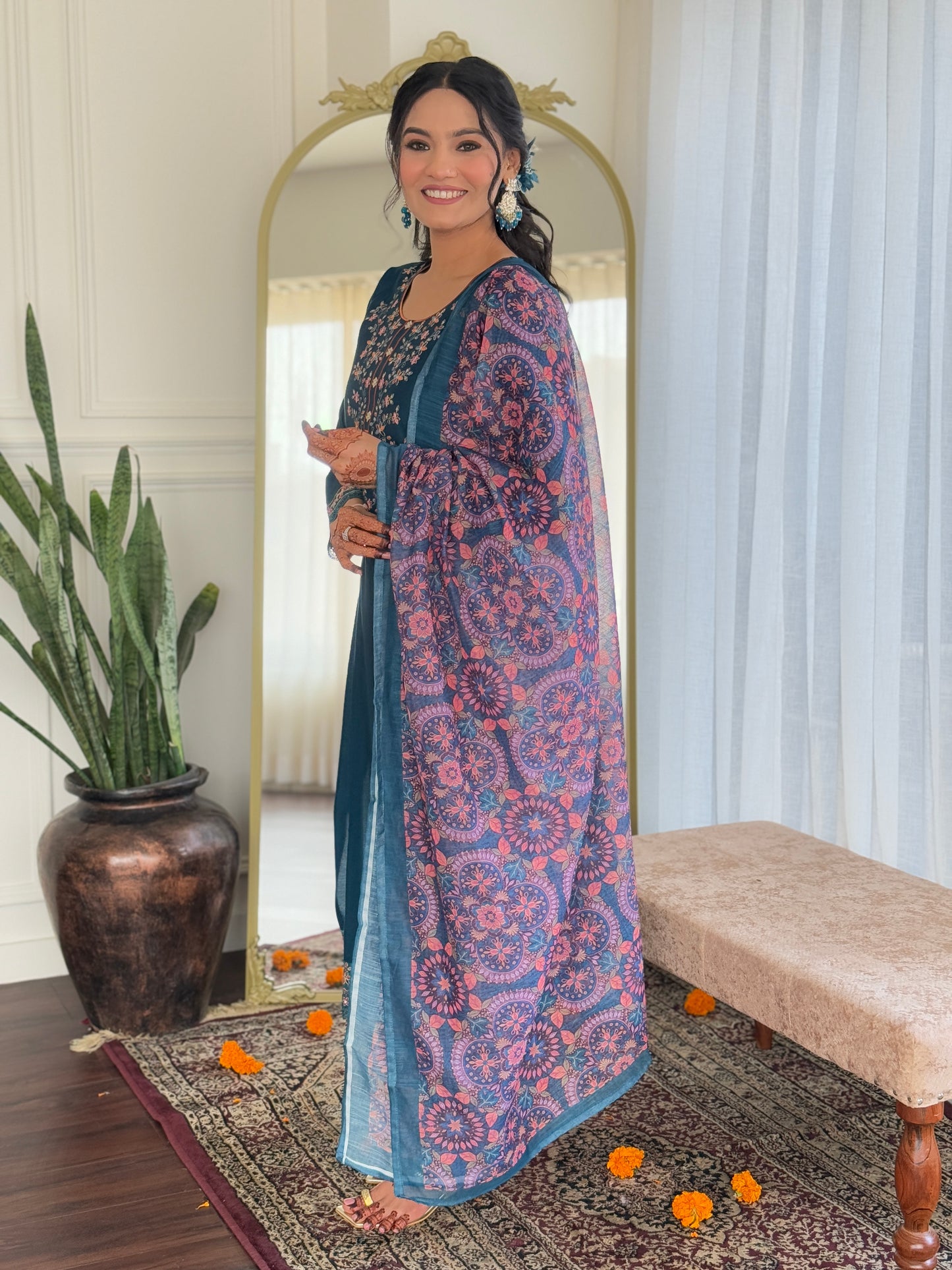 TEAL COLOURED WOMEN'S CHANDERI SILK EMBROIDERED KURTA WITH PANT DUPATTA SET