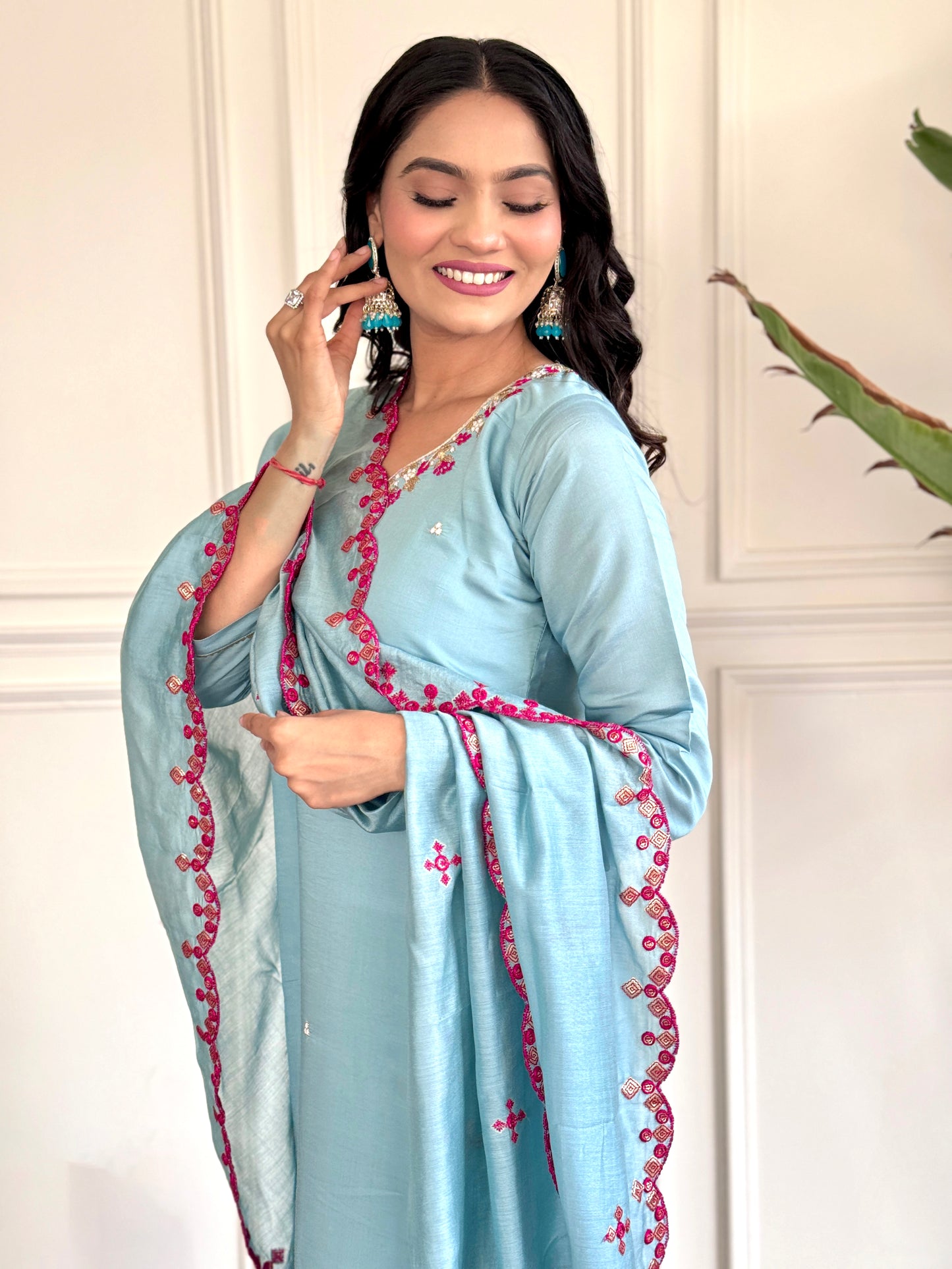 PRACHI SKY COLOURED WOMEN'S CHANDERI EMBROIDERED KURTA WITH PANT DUPATTA SET