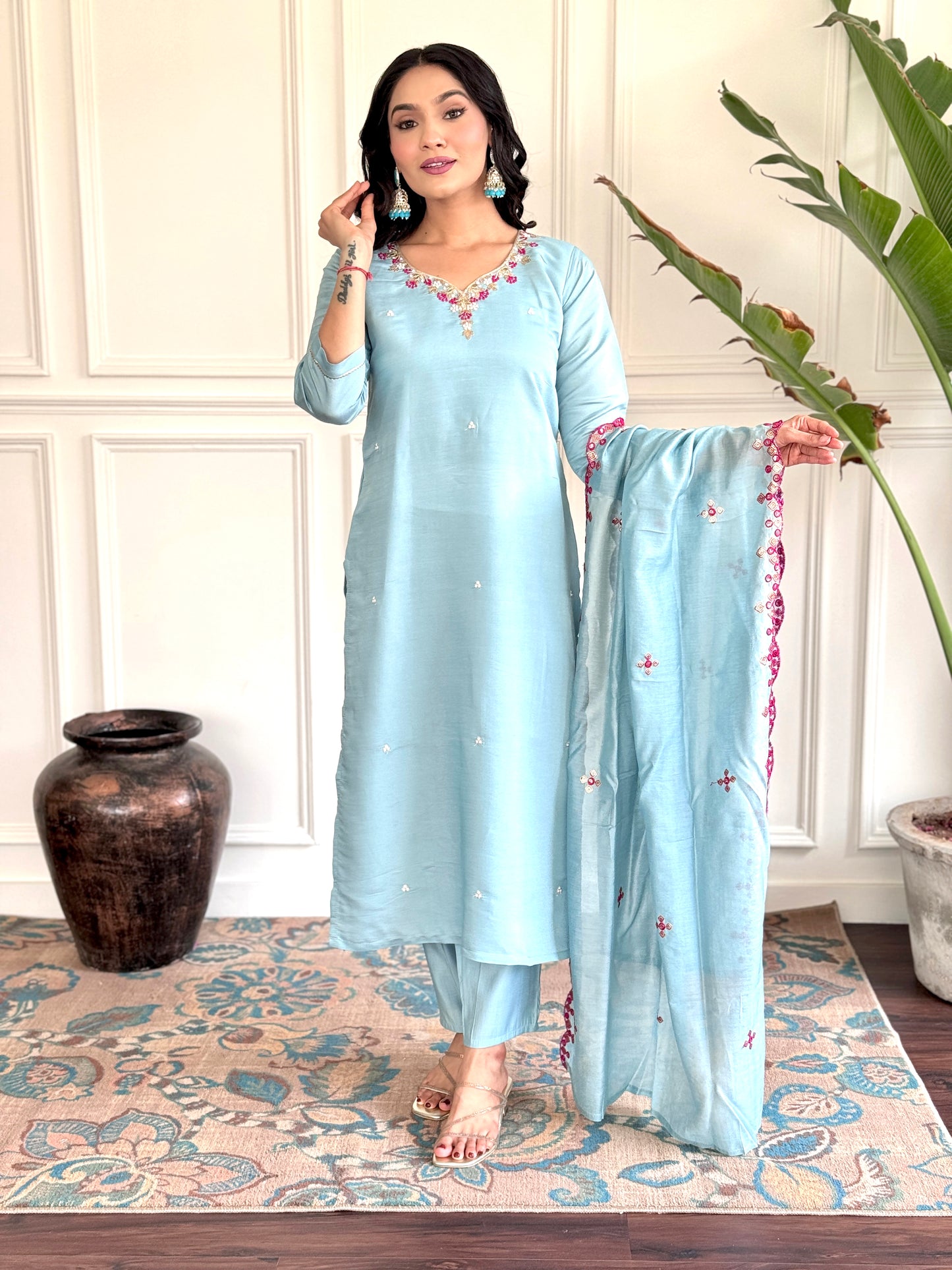 PRACHI SKY COLOURED WOMEN'S CHANDERI EMBROIDERED KURTA WITH PANT DUPATTA SET