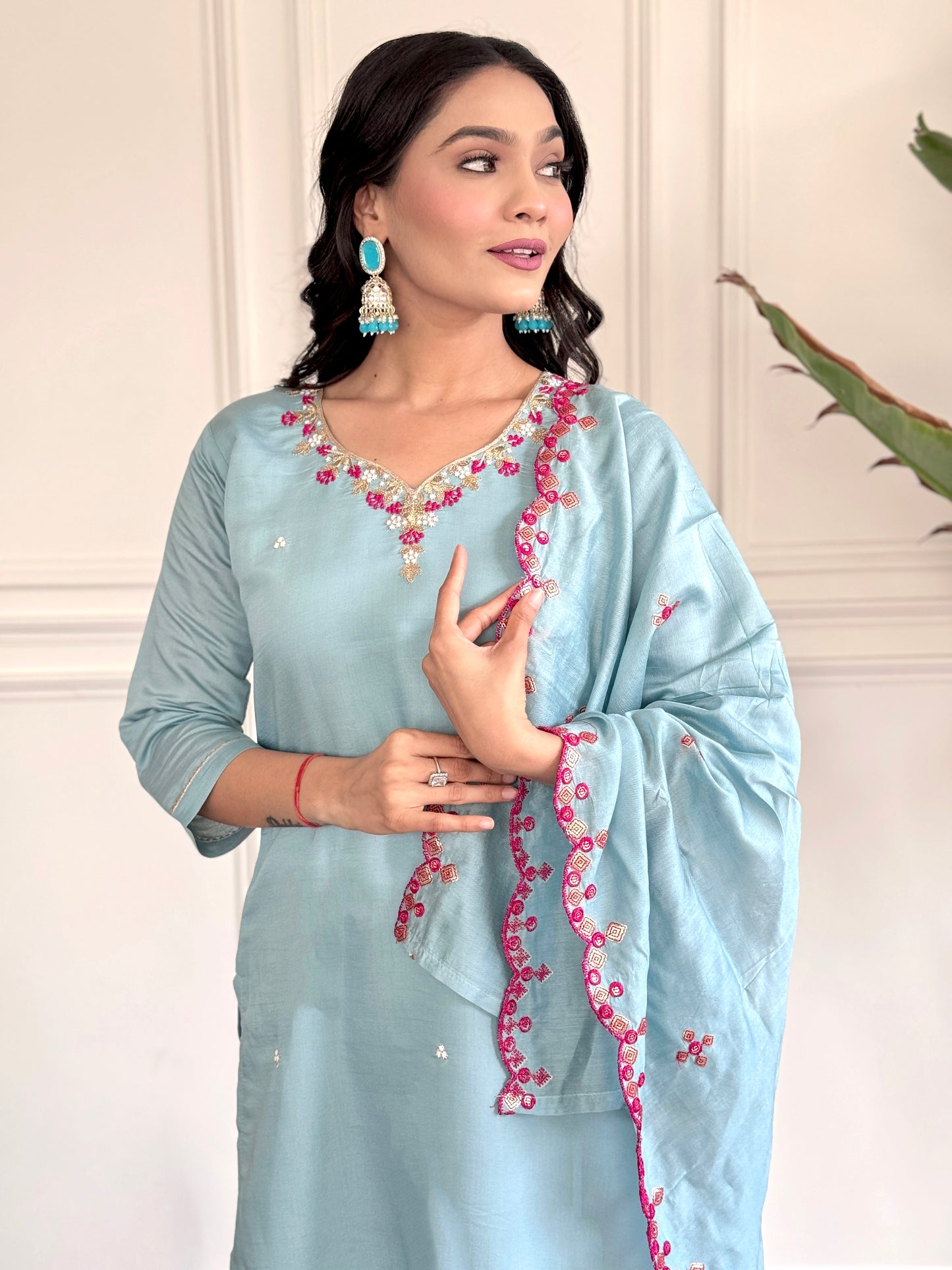 PRACHI SKY COLOURED WOMEN'S CHANDERI EMBROIDERED KURTA WITH PANT DUPATTA SET
